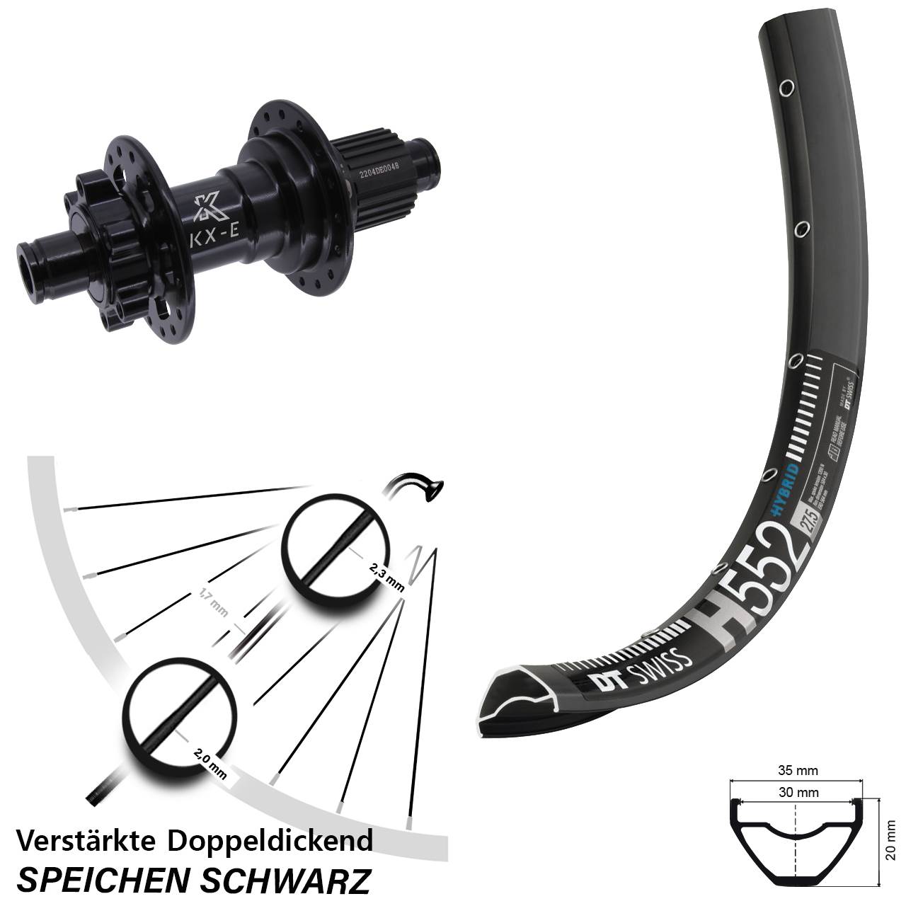 Hinterrad 6-Loch 27,5 Zoll DT Swiss H 552 KX-E Heavy Duty Micro Spline 12x142