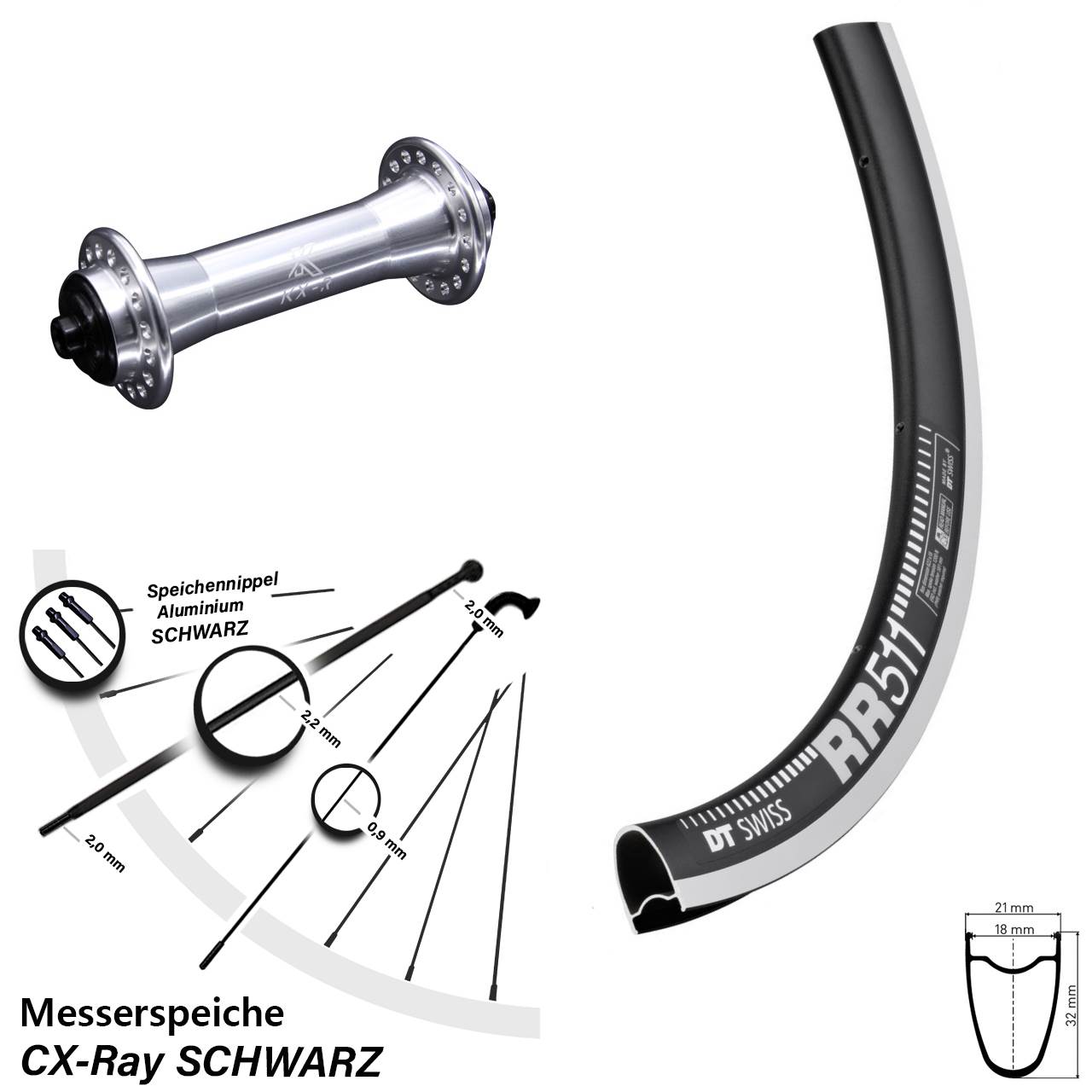 DT Swiss RR511 KX-R 28 Zoll Vorderrad QR CX-Ray