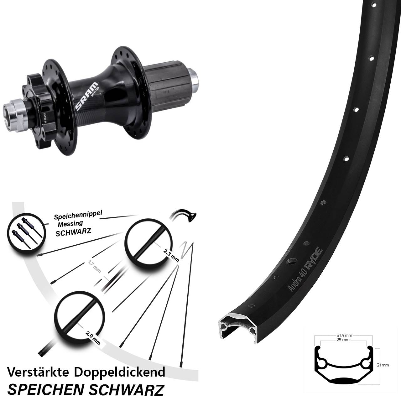 26 Zoll Ryde Andra 40 Sram 746 Disc Laufrad 12x148 8-11 fach