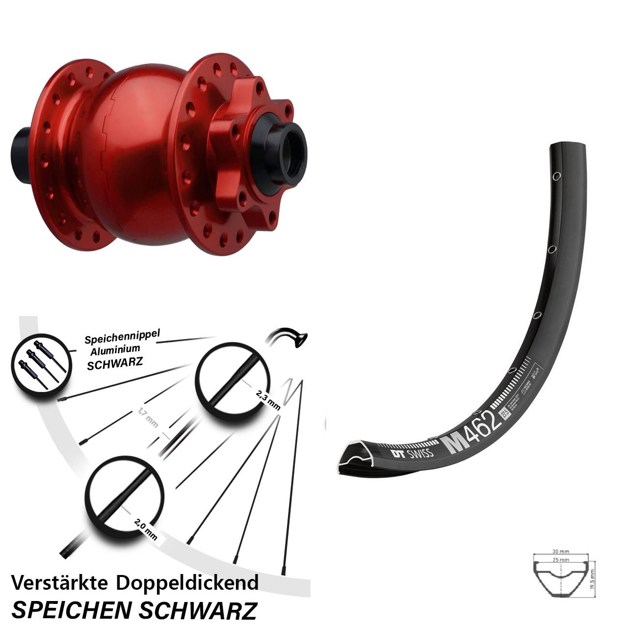 Boost Disc Dynamo-Vorderrad 15x110 27,5 Zoll DT Swiss M 462 SON 28 rot
