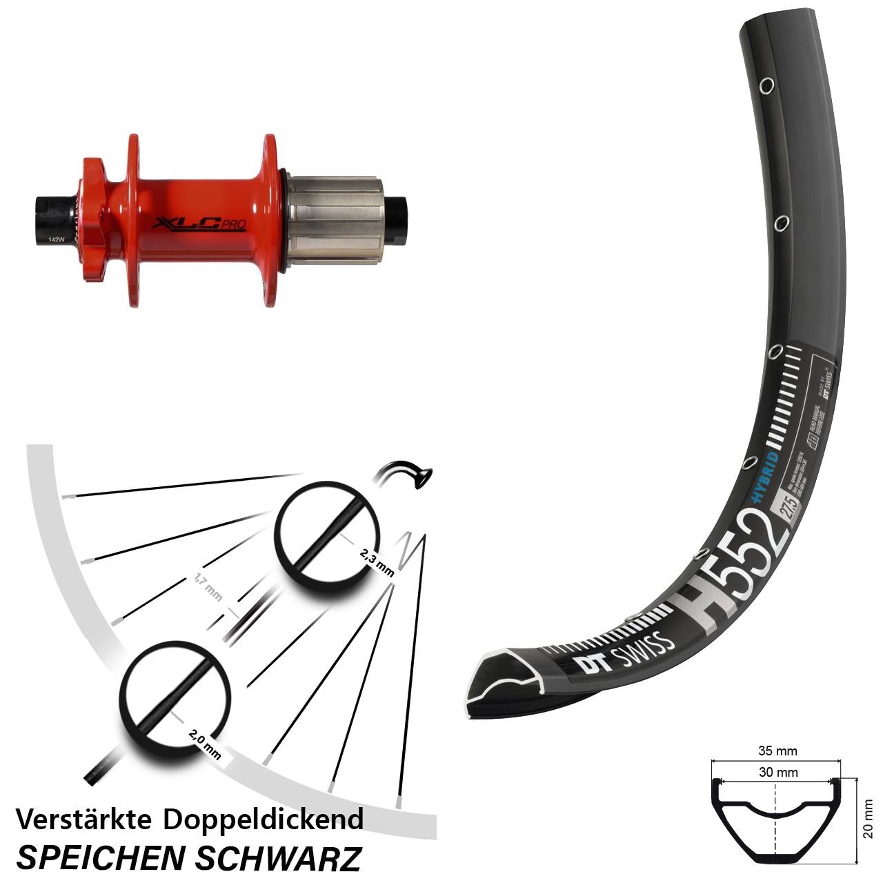 Disc Hinterrad 12x142 27,5 Zoll DT Swiss H552 XLC rot 8-11 fach