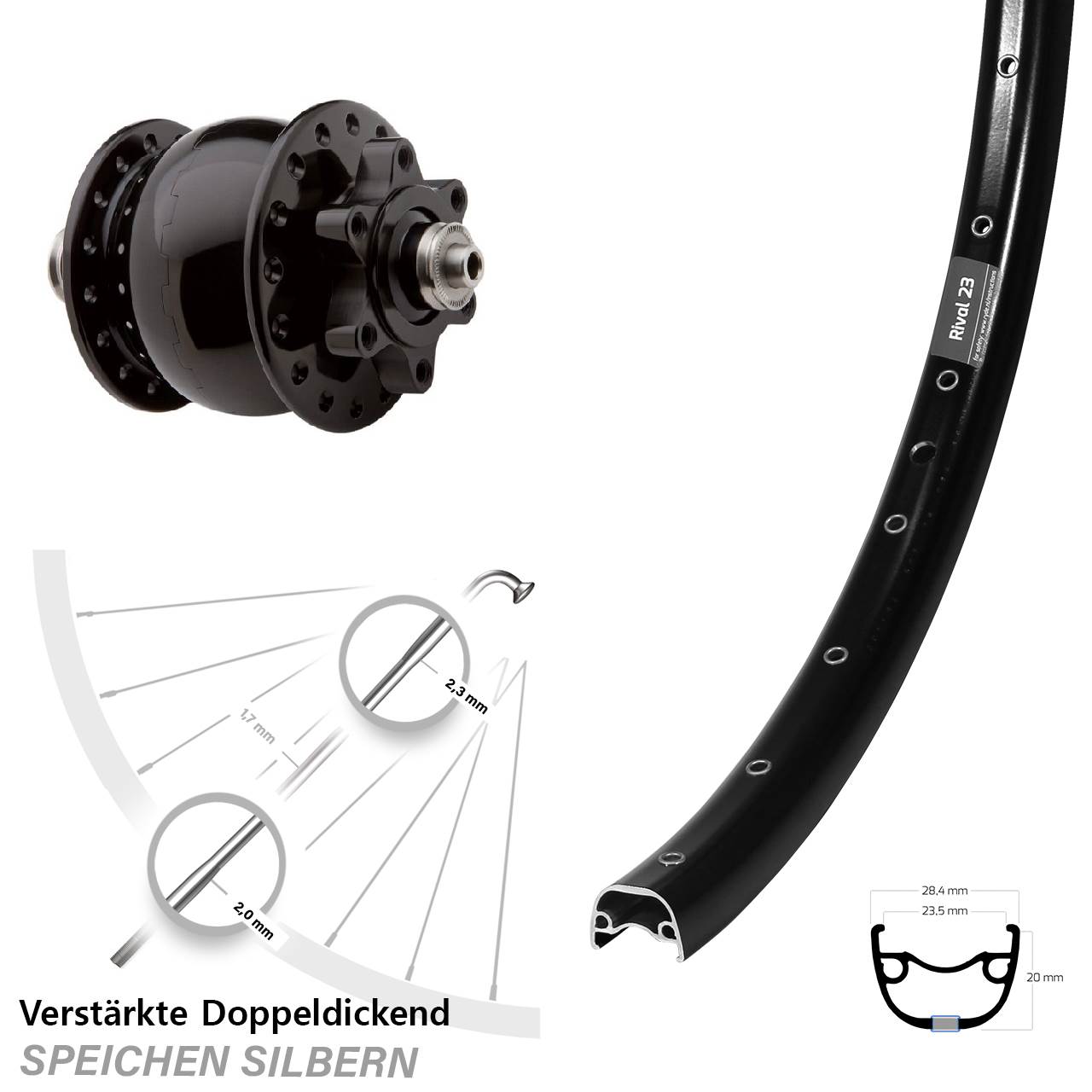 SON 28 Ryde Rival 23 27,5 Zoll Disc Vorderrad mit Nabendynamo für Schnellspanner
