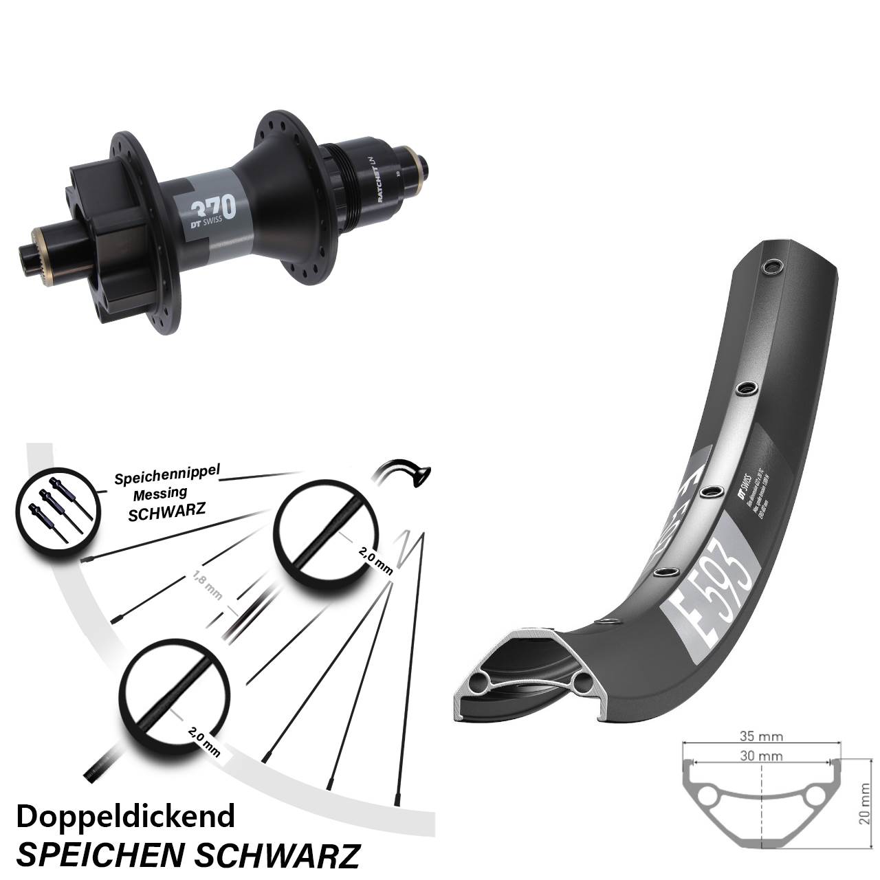 6-Loch Hinterrad für Schnellspanner 650B DT Swiss E593-370 SRAM XD