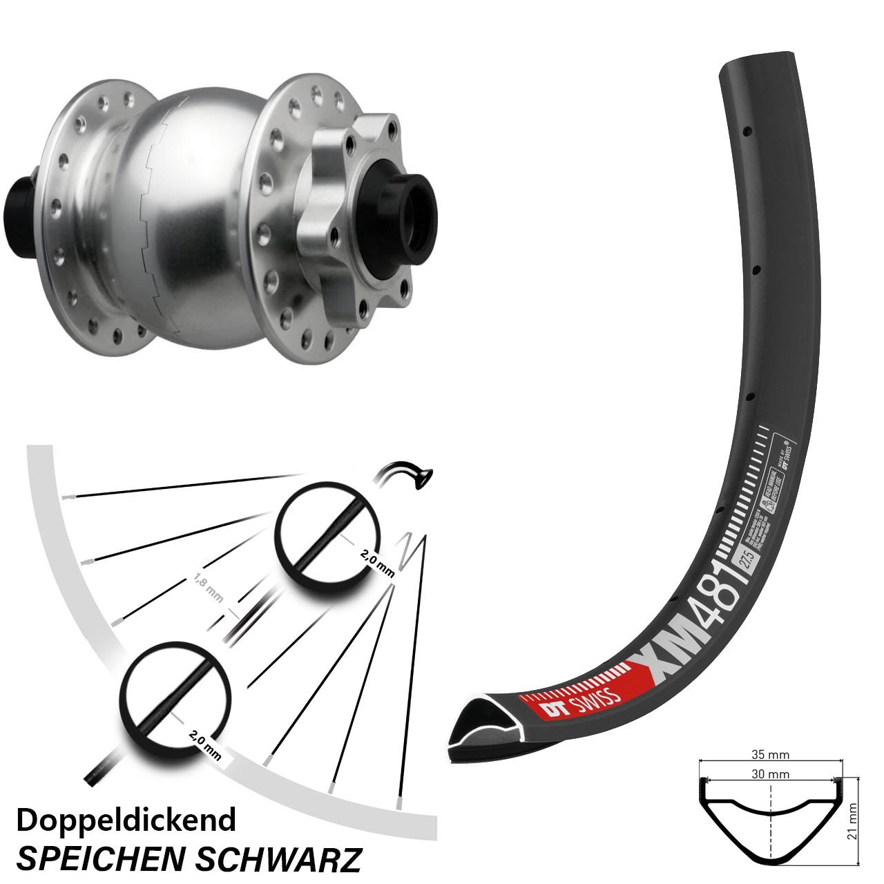 Boost Disc Nabendynamolaufrad 15x110 27,5 Zoll DT Swiss XM 481 SON 28 silbern