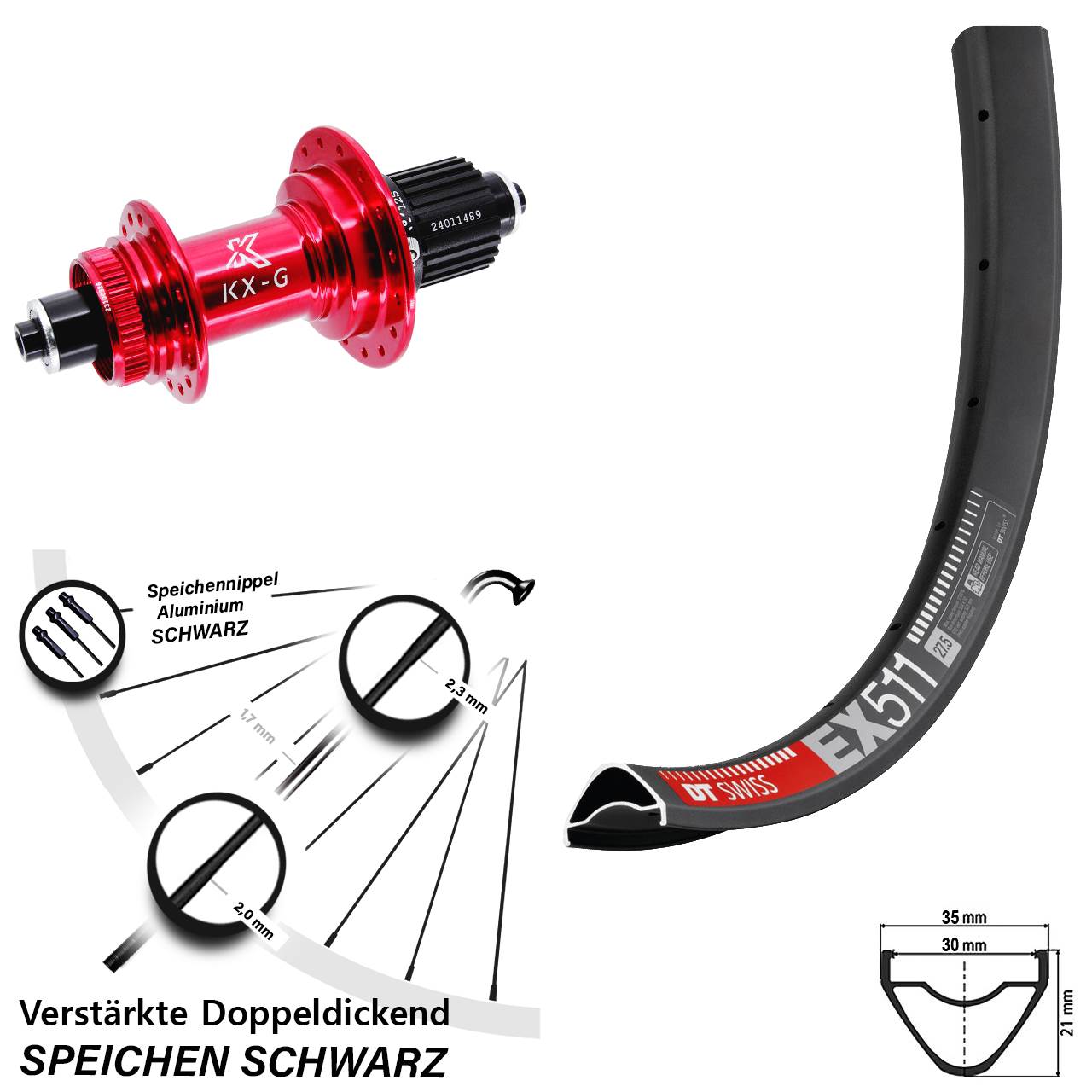 DT Swiss EX 511 KX-G rot 29 Zoll Centerlock Hinterrad QR Micro Spline