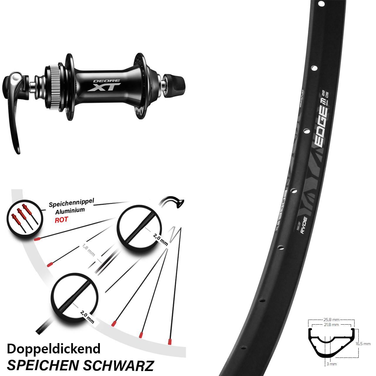 Disc Vorderrad 29 Zoll Ryde Edge M22 Shimano XT für Schnellspanner