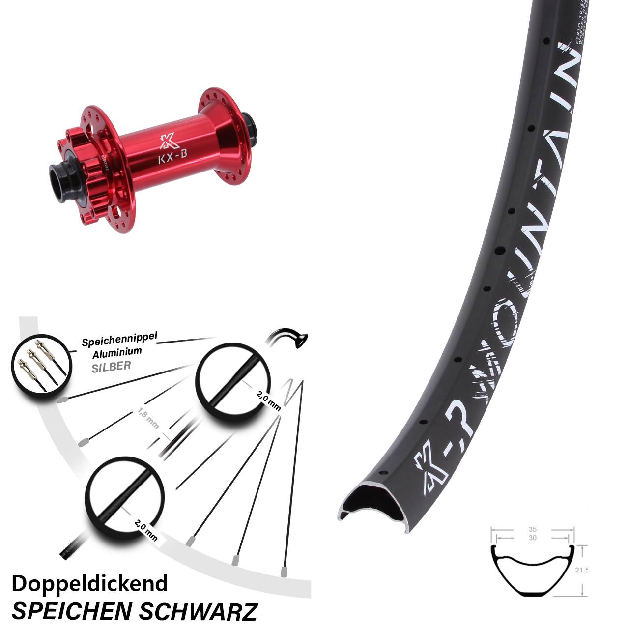 27,5 Zoll KX-BR Mountain Vorderrad rot 6-Loch Boost
