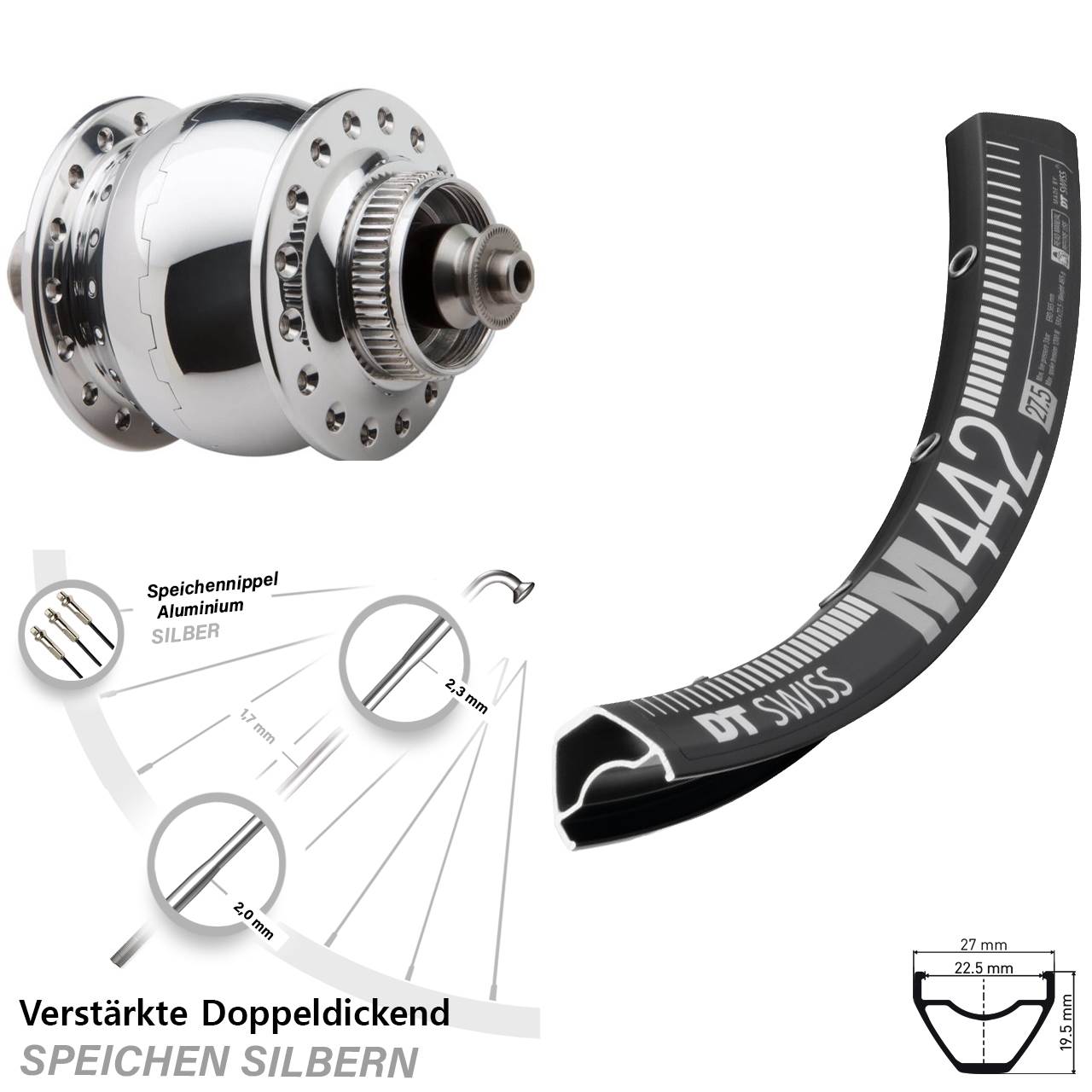 Disc Nabendynamo-Laufrad DT Swiss M 442 SON 28 Zoll QR