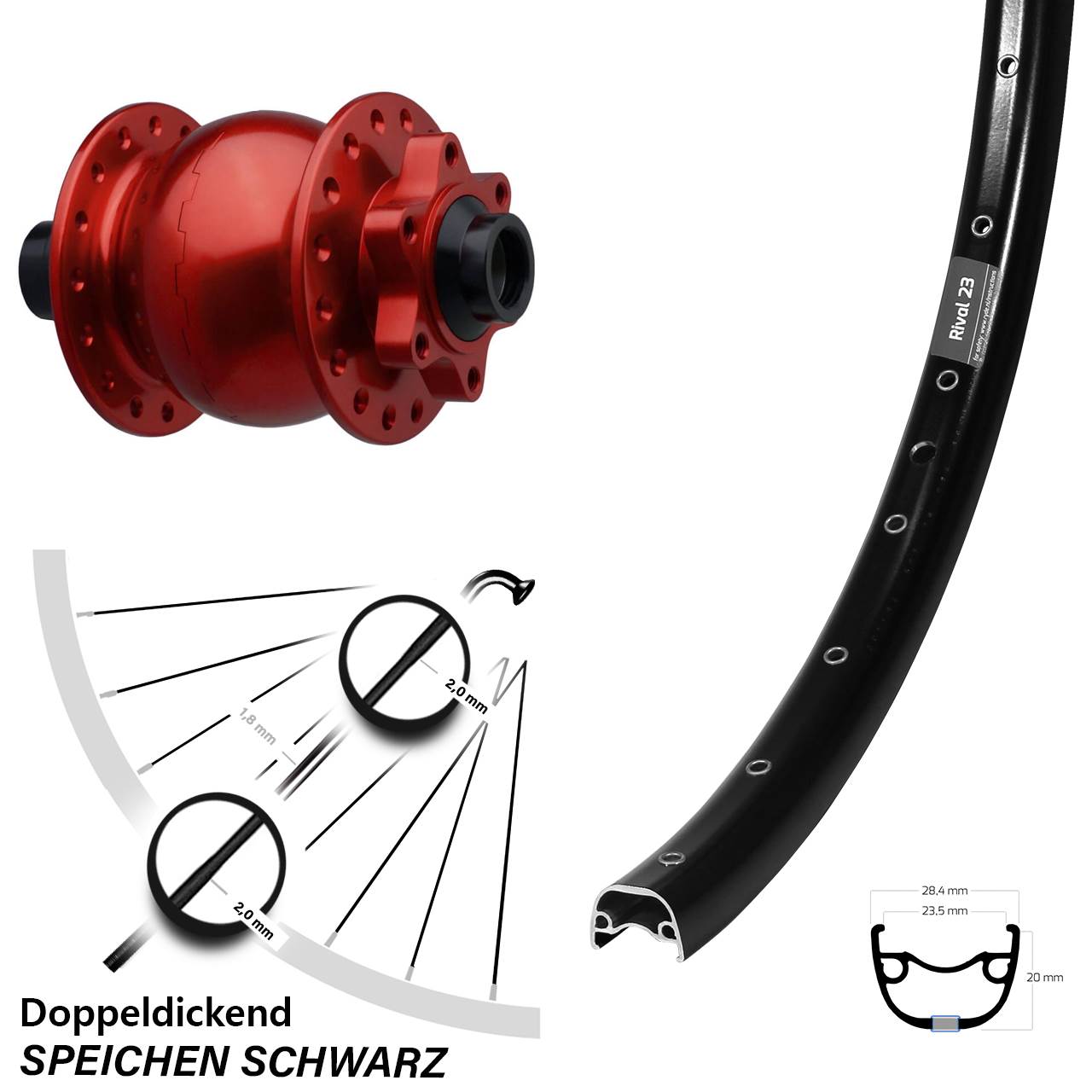 Boost Nabendynamovorderrad 6-Loch 15x110 27,5 Zoll Ryde Rival 23 SON 28 rot