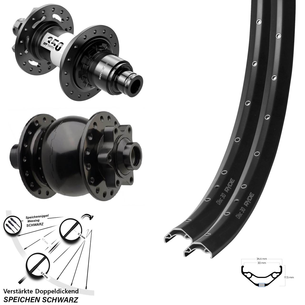29 Zoll Ryde Disc 30 DT Swiss 350 DEG 72 SON 28 Laufradsatz 15x110 12x148 SRAM XD