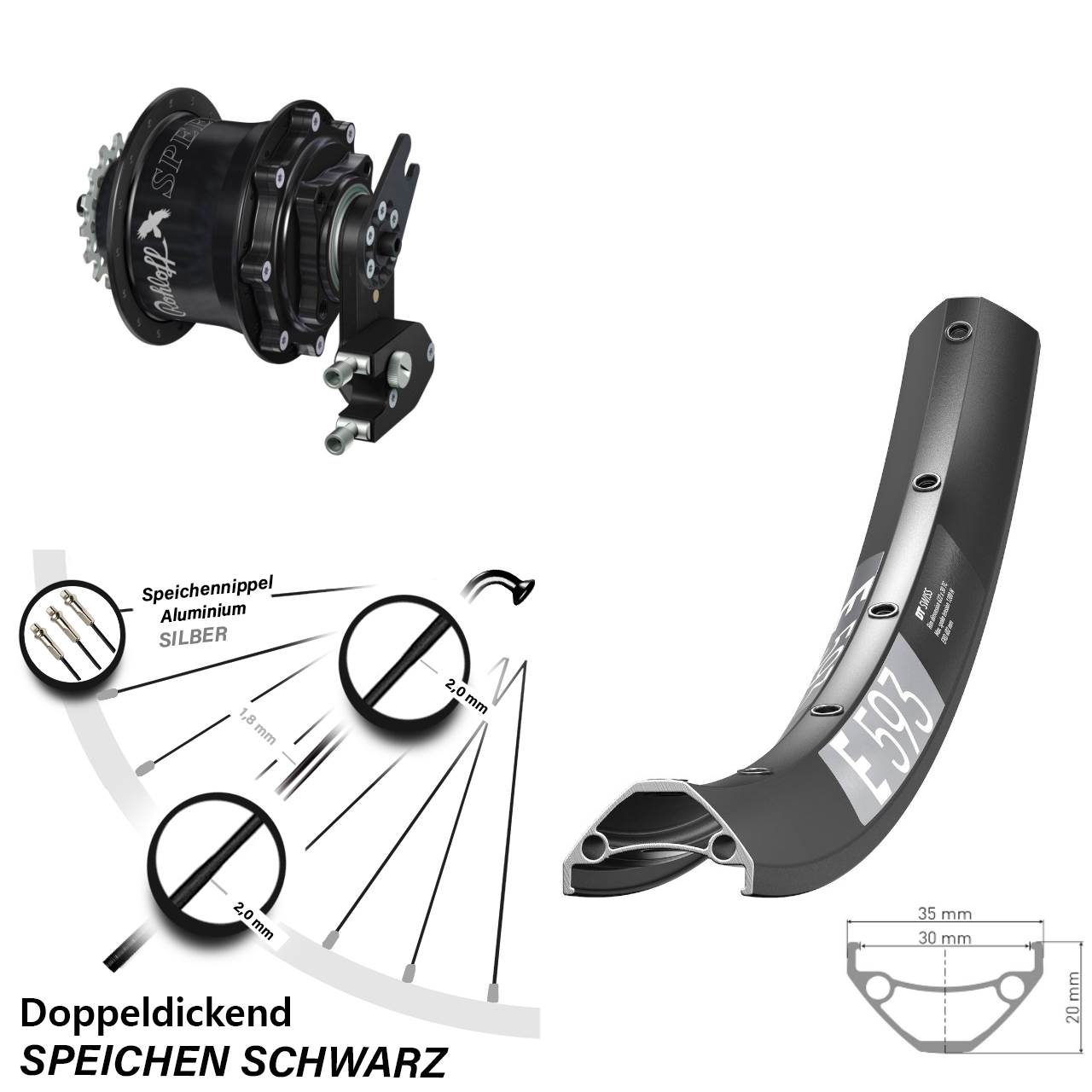 DT Swiss E593 Rohloff CC DB OEM2 Tandem schwarz 27,5 Zoll Disc Hinterrrad