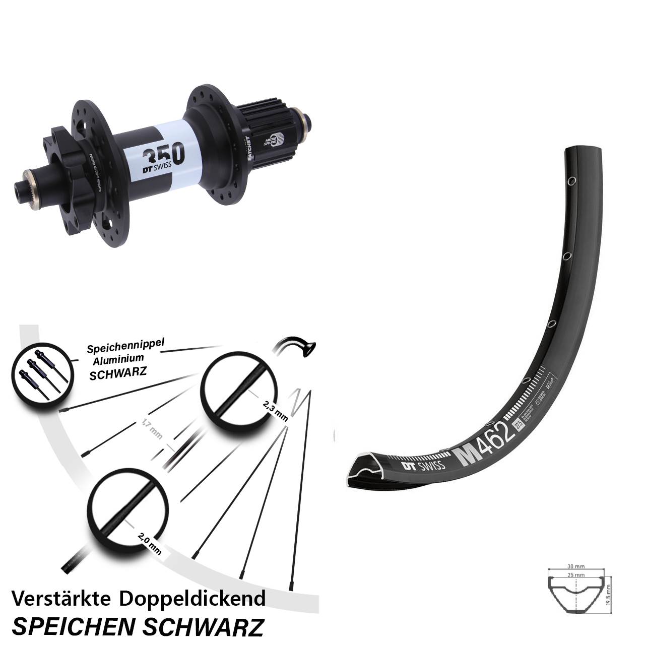 DT Swiss M 462-350 27,5 Zoll Hinterrad 6-Loch für Schnellsp. Micro Spline