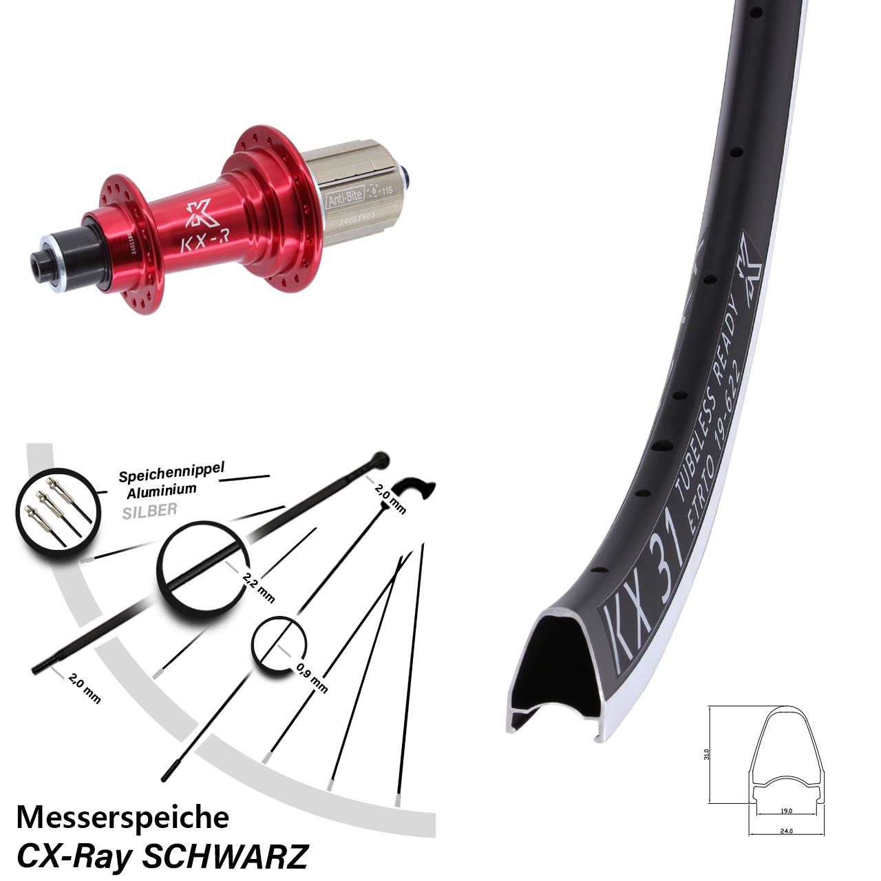 28 Zoll Hinterrad KX-R 31 rot für Schnellspanner CX-Ray Shimano 11-12 fach