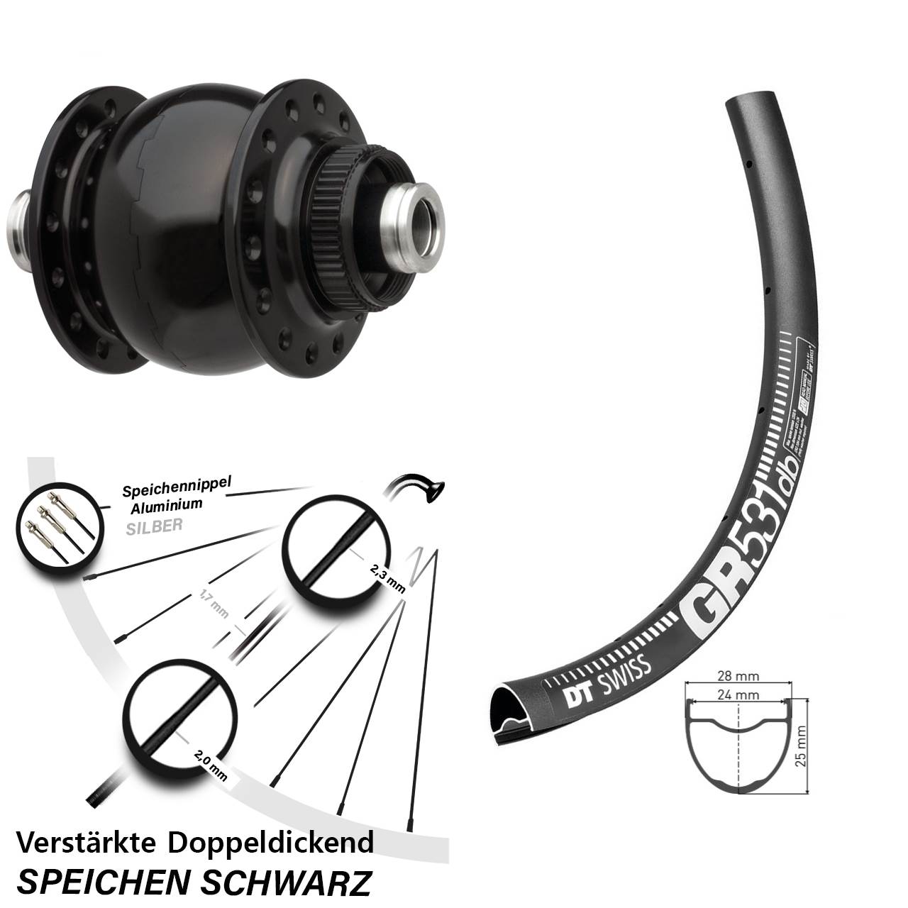 verstärktes Nabendynamolaufrad SON 28 DT Swiss GR 531 DB Disc 27,5 Zoll für