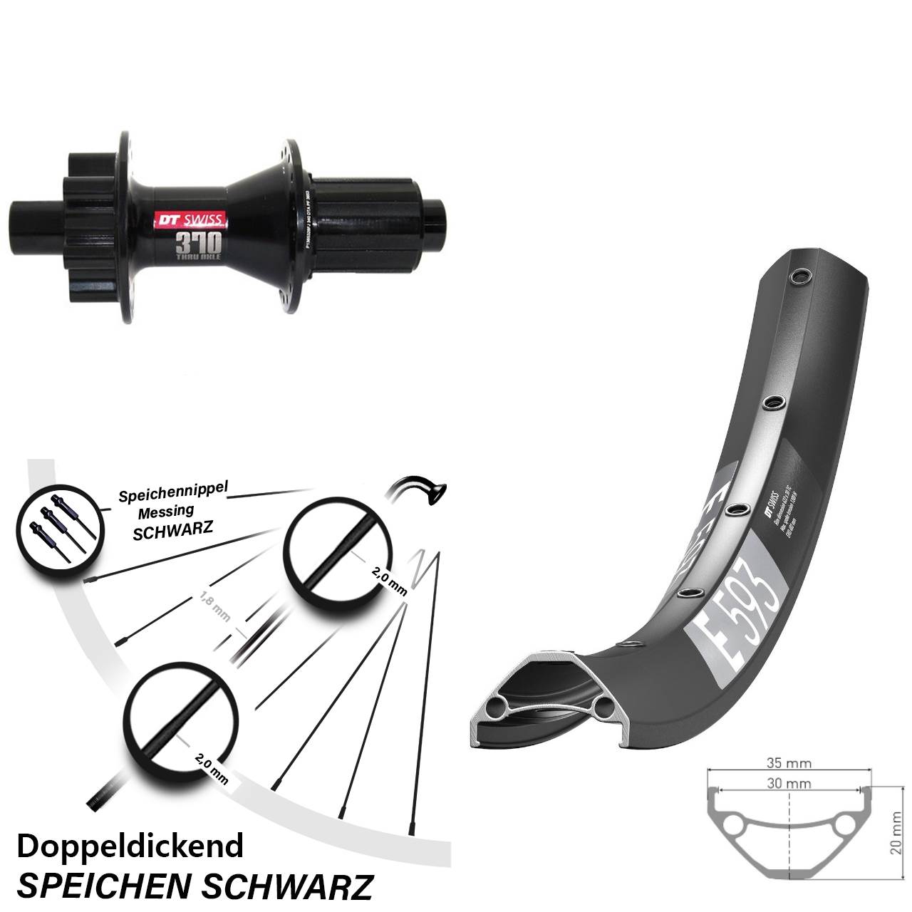 DT Swiss E593-370 29 Zoll 6-Loch Hinterrad 12x142 8-11 fach