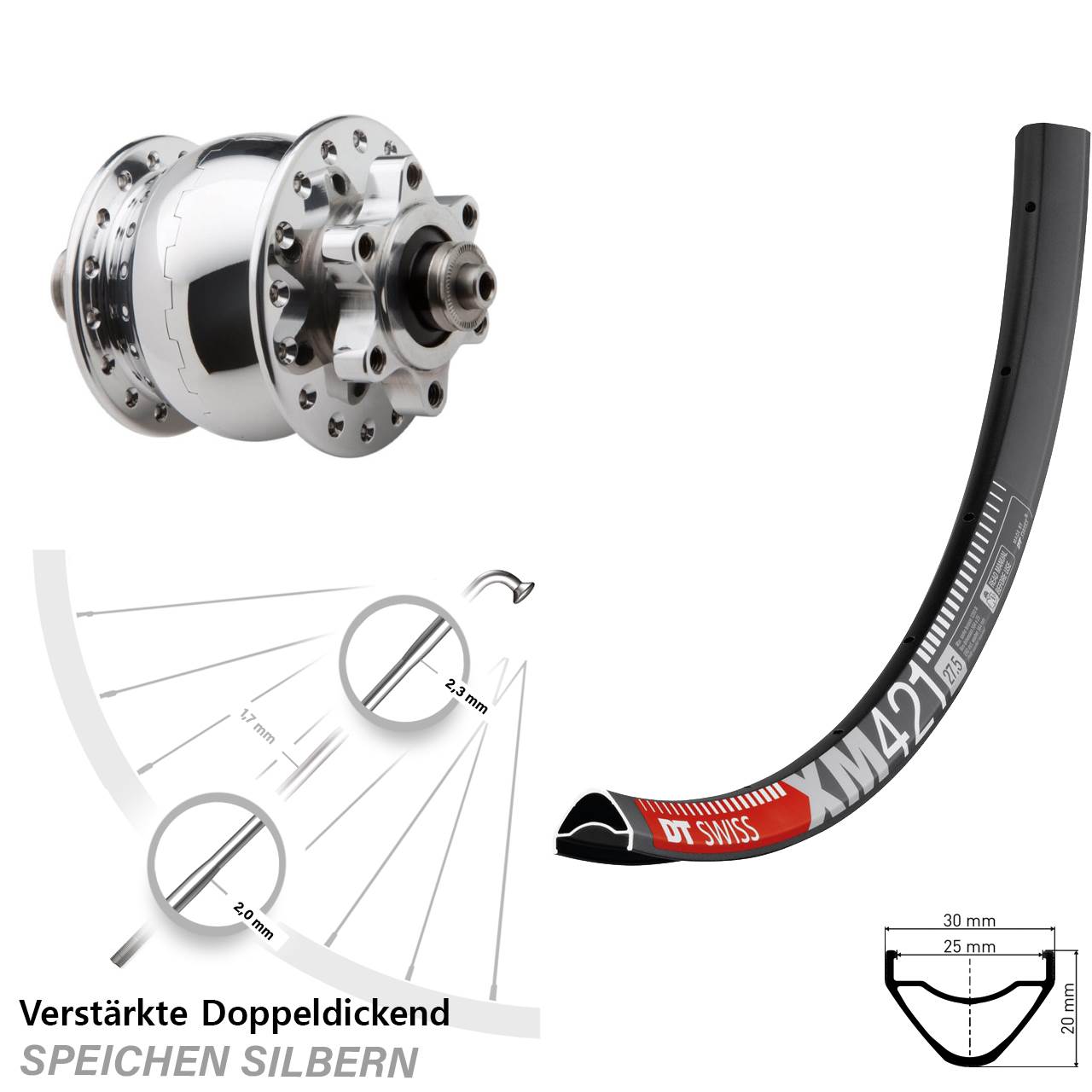 Vorderrad 29 Zoll DT Swiss XM 421 SON 28 6-Loch QR silbern poliert