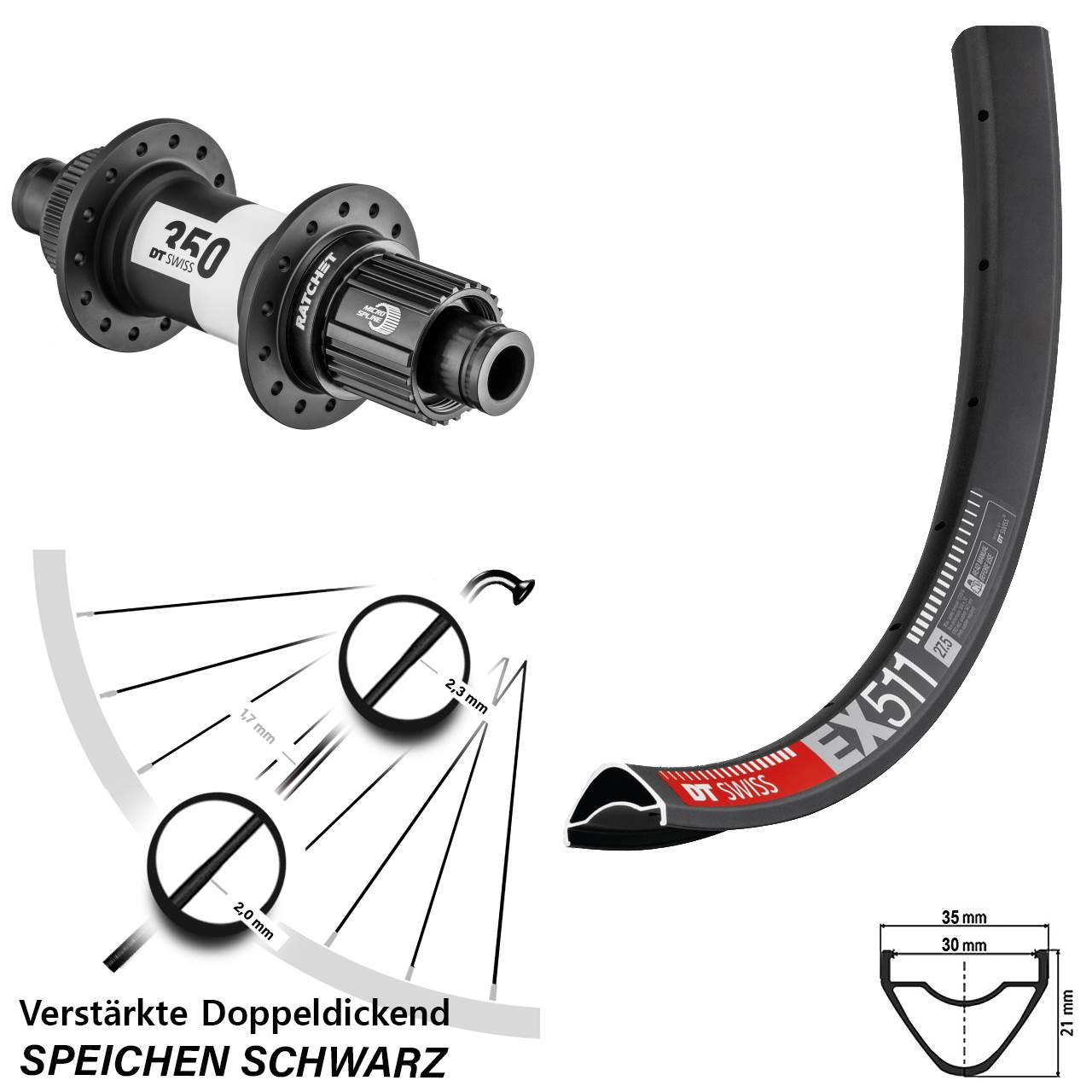 29 Zoll DT Swiss EX 511-350 Hinterrad 12x148 Boost Micro Spline