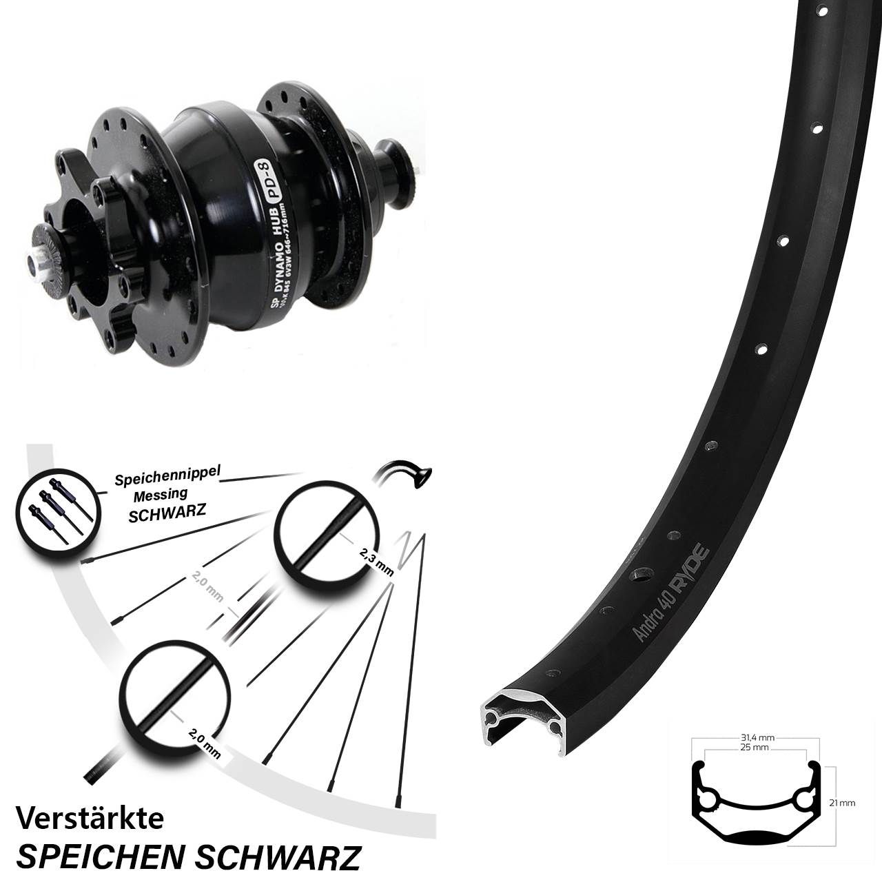 Vorderrad 24 Zoll Ryde Andra 40 Shutter Precision PD-8 schwarz