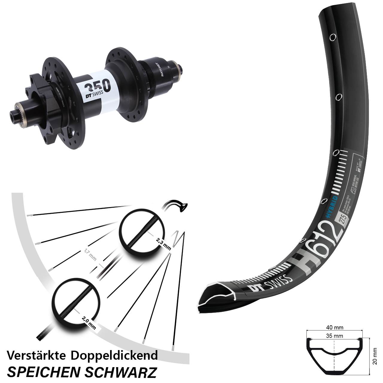 27,5 Zoll DT Swiss H612 350 Boost Disc Hinterrad für Schnellspanner XD