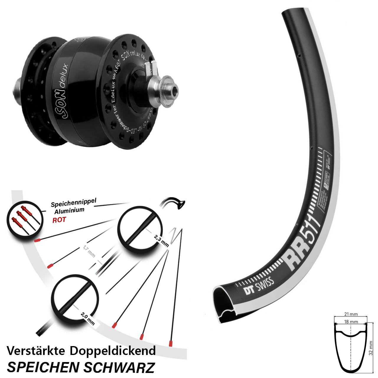 Vorderrad mit Nabendynamo 28 Zoll DT Swiss RR511 CNC SON delux für Schnellspanner