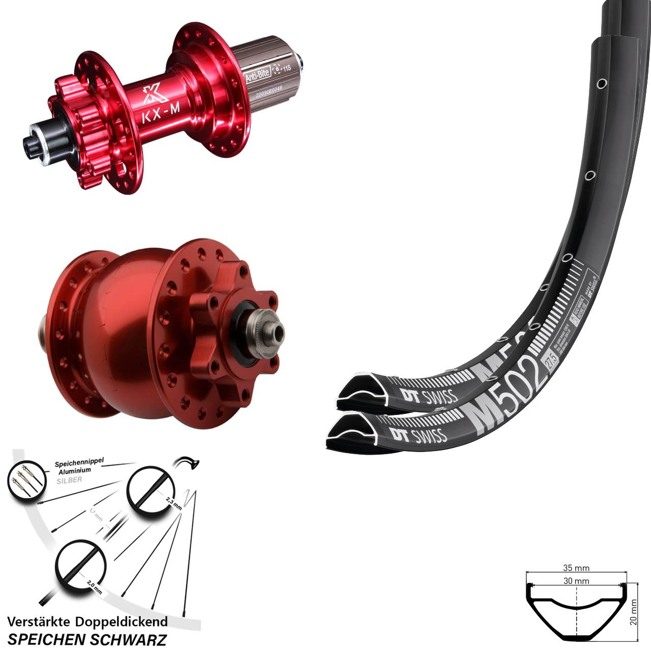 DT Swiss M502 KX-M rot SON 28 27,5 Zoll Laufradsatz 6-Loch QR 8-12 fach HG