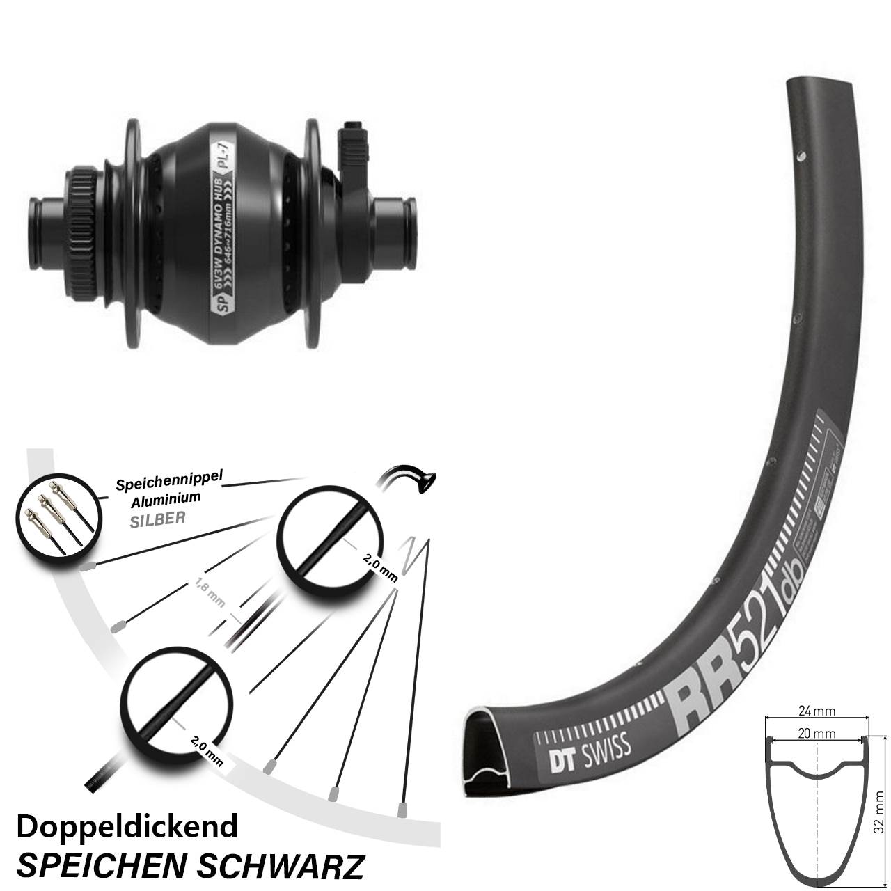 Disc Nabendynamovorderrad 28 Zoll DT Swiss RR 521 Shutter PL-7 12x100