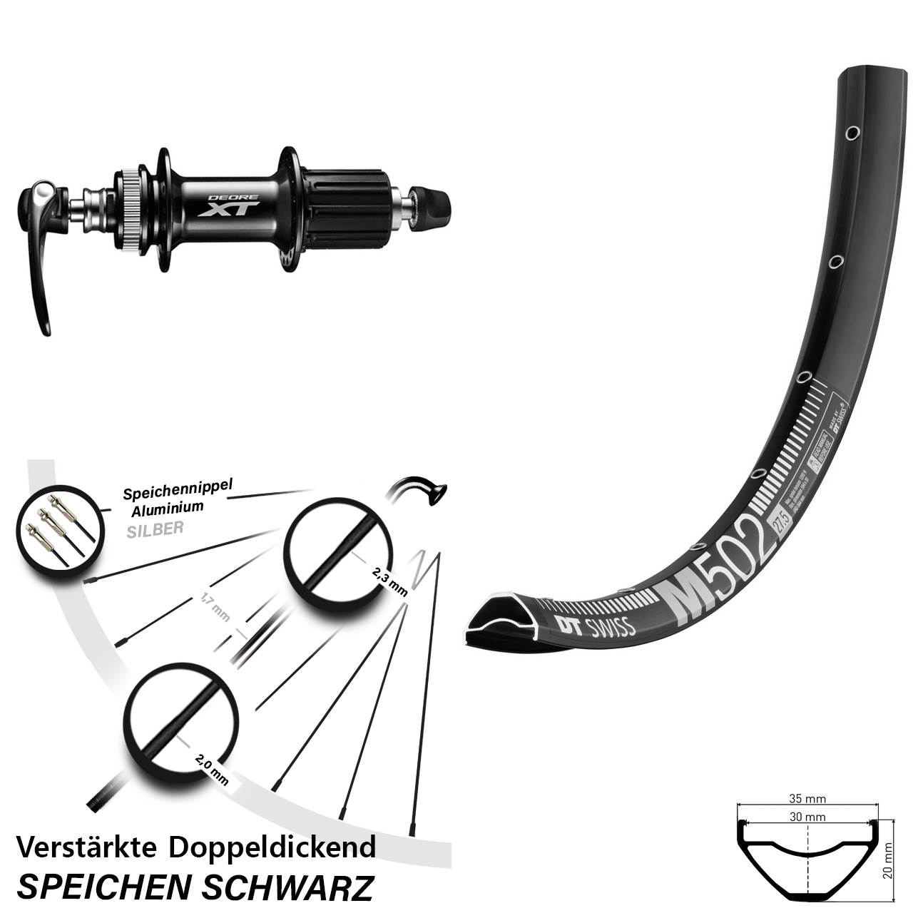 Centerlock Hinterrad 27,5 Zoll DT Swiss M502 Shimano XT 8-11 fach für Schnellspanner