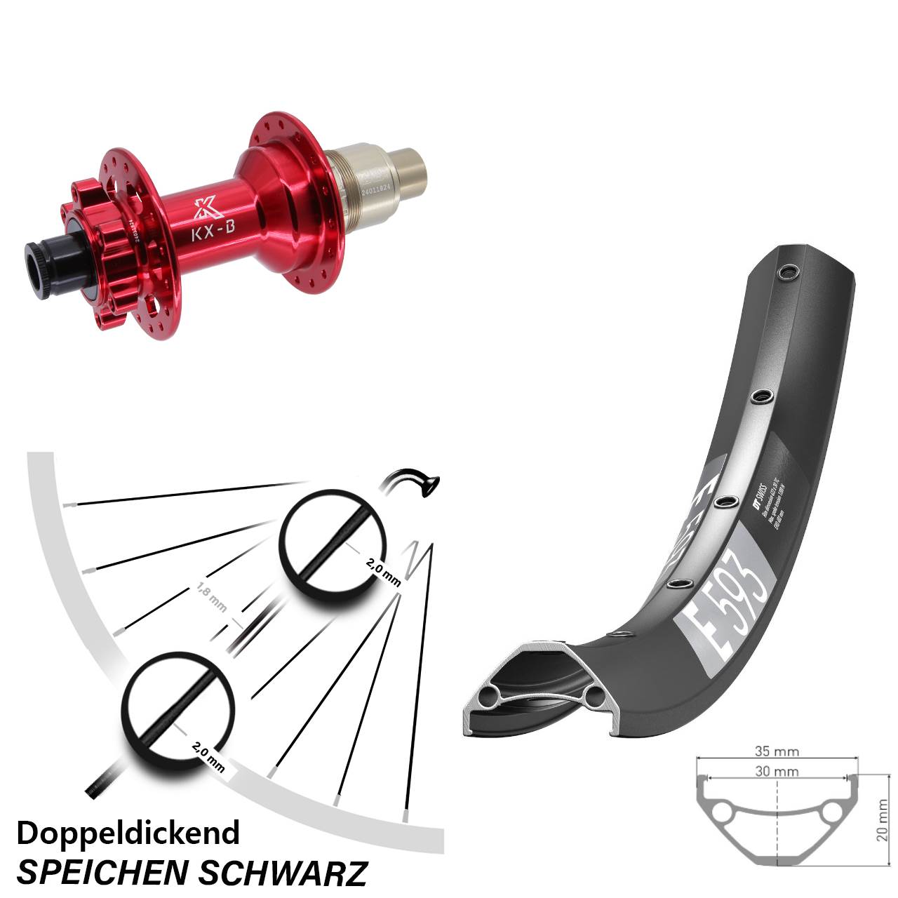 DT Swiss E593 KX-B rot 29 Zoll Disc Hinterrad 12x148 XD 11-12 fach