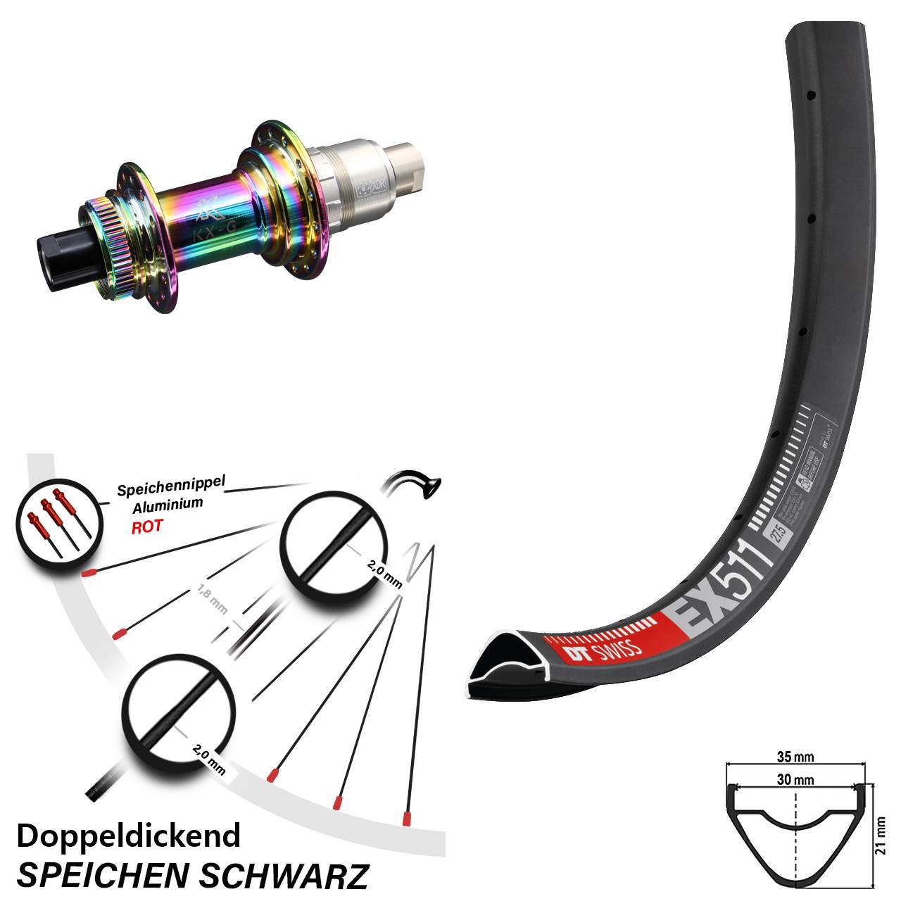 Hinterrad Centerlock 27,5 Zoll DT Swiss EX511 KX-G Oilslick 12x142