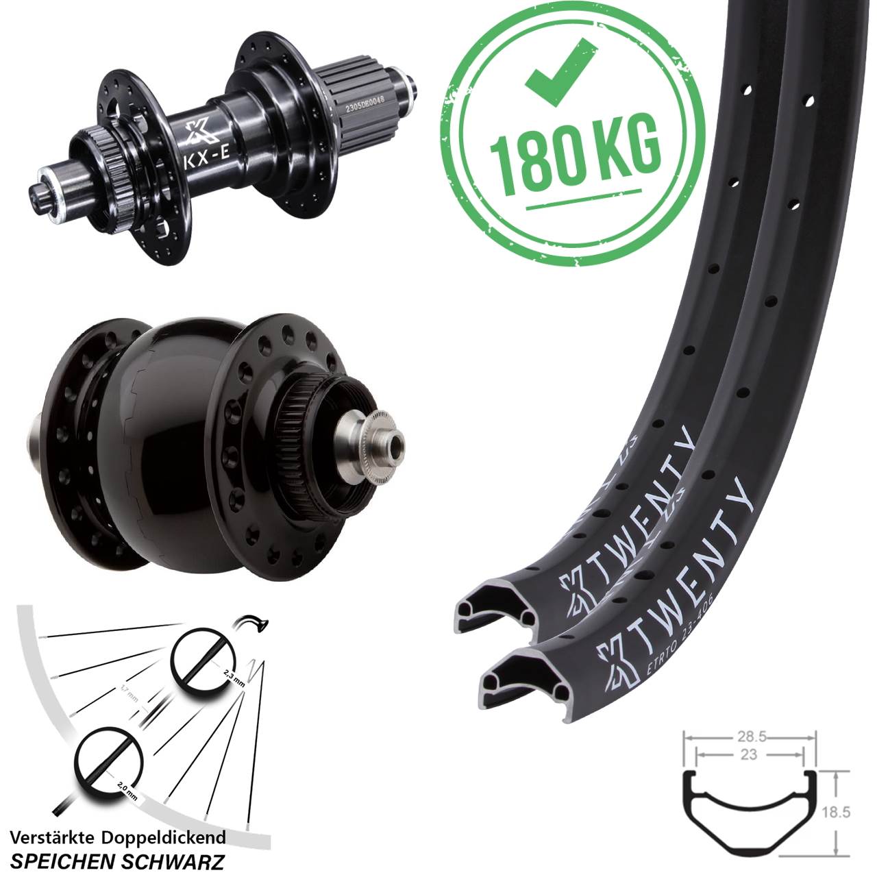 Disc Laufradsatz 20 Zoll KX-E Twenty 6 Kugellager SON 28 Shimano Micro Spline QR