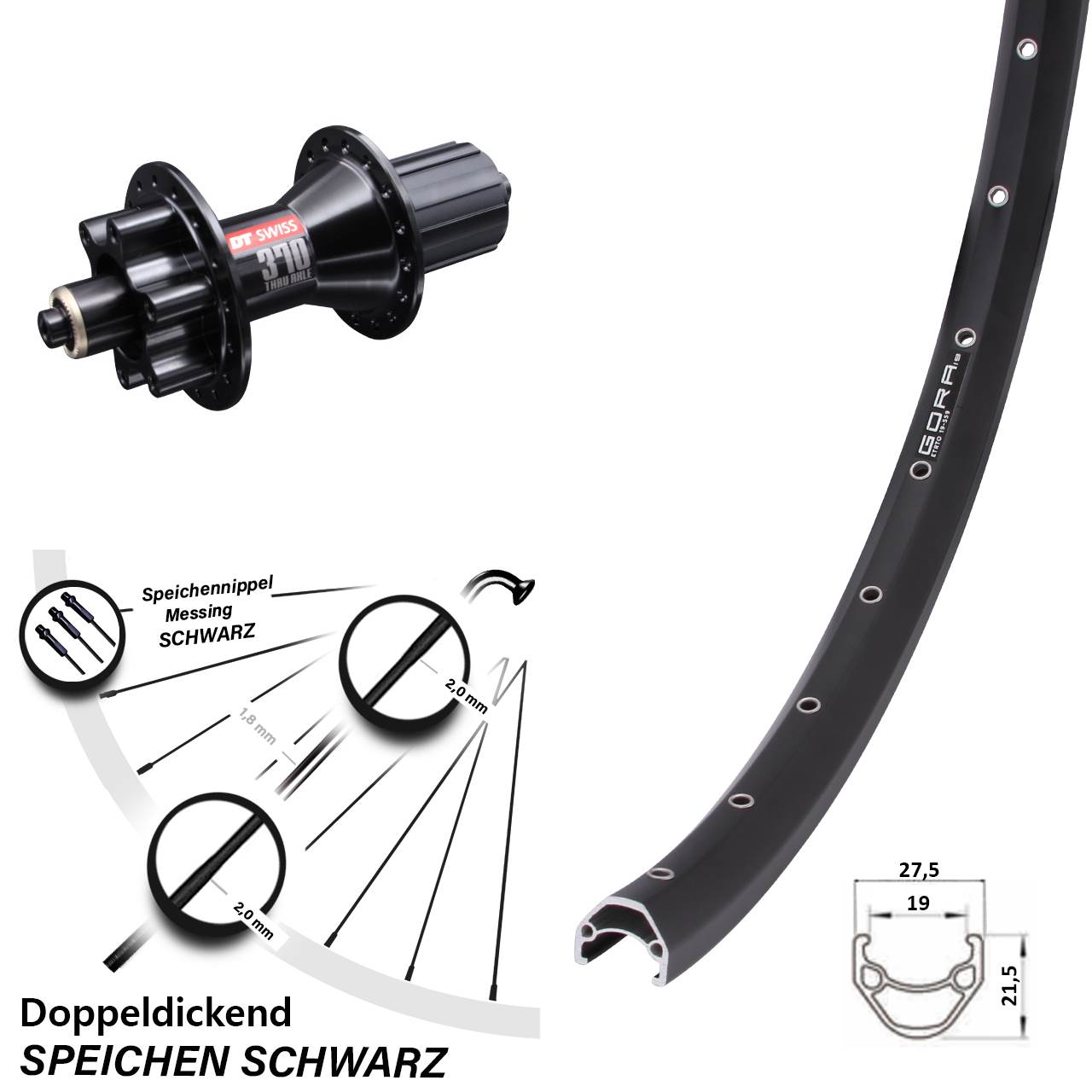 Gora 19 DT Swiss 370 Hybrid 26 Zoll Hinterrad 6-Loch für Schnellspanner 8-11 fach