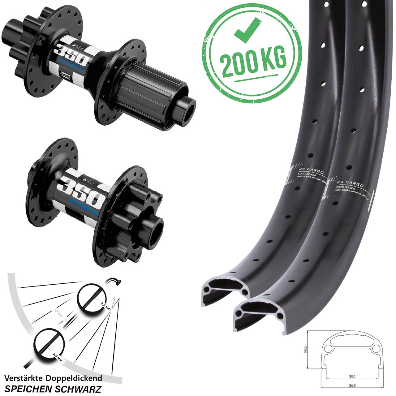 Laufrad-Satz 15x110 12x148 26 Zoll KX Cargo DT Swiss 350 Hybrid 6-Loch 8-11 fach