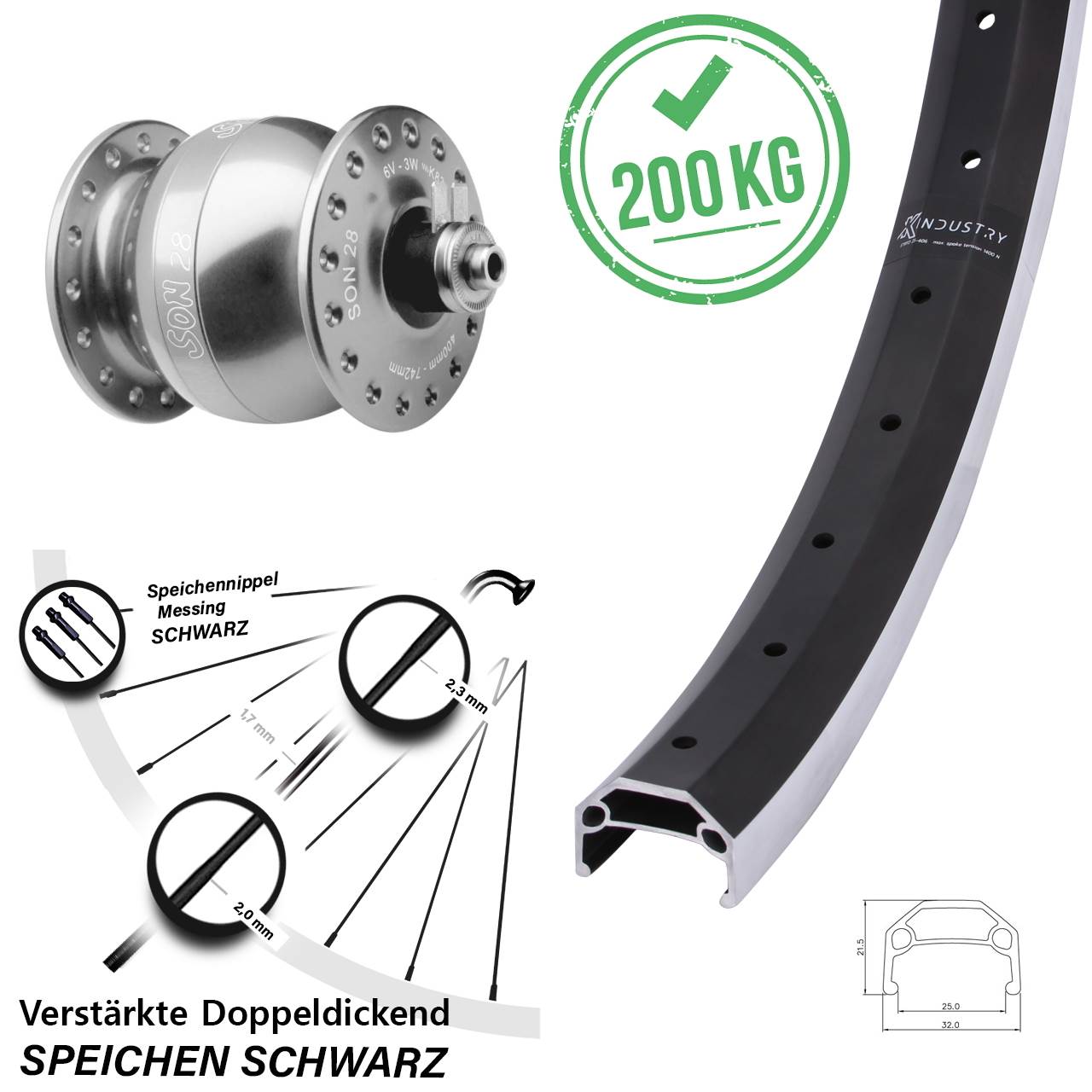 Vorderrad mit Nabendynamo 26 Zoll KX Industry SON 28 silbern für Schnellspanner