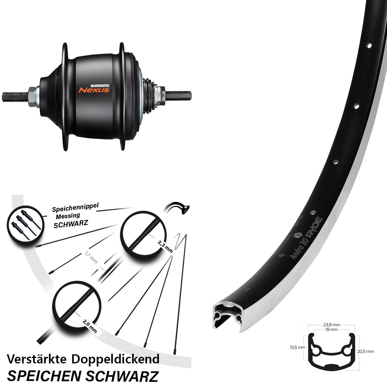 Hinterrad 28 Zoll Ryde Andra 30 Shimano Nexus 8 Gang Freilauf schwarz