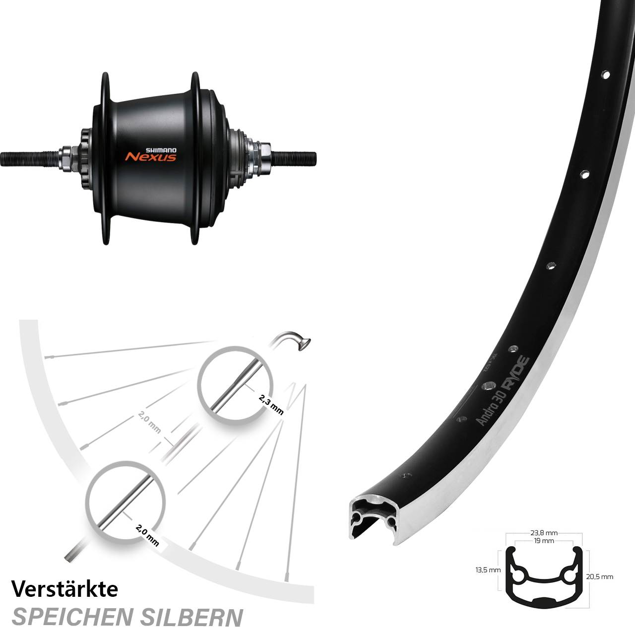 28 Zoll Ryde Andra 30 Hinterrad Shimano Nexus 7 Gang Freilauf schwarz