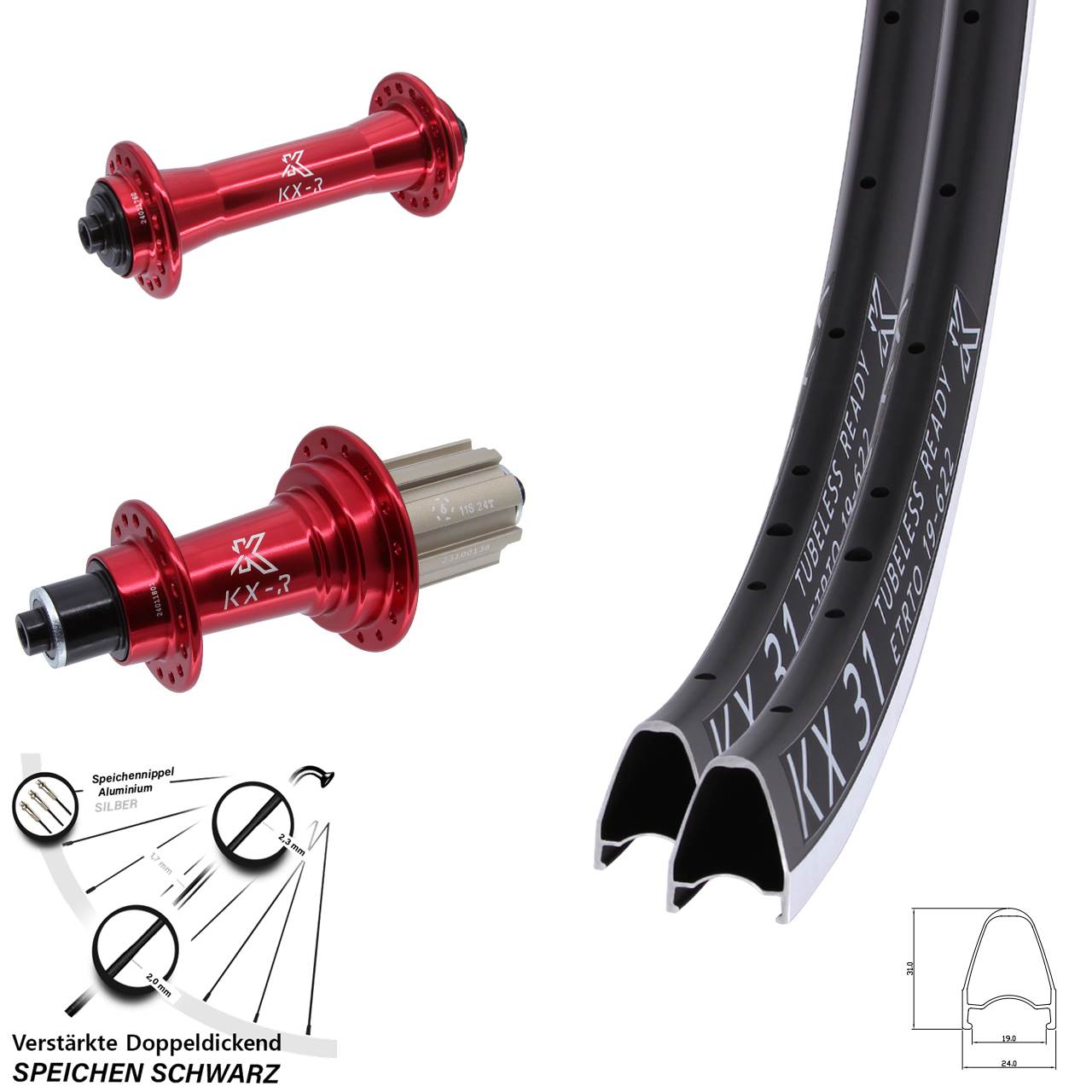 28 Zoll KX-R 31 rot Laufradsatz QR 8-12 fach Campa