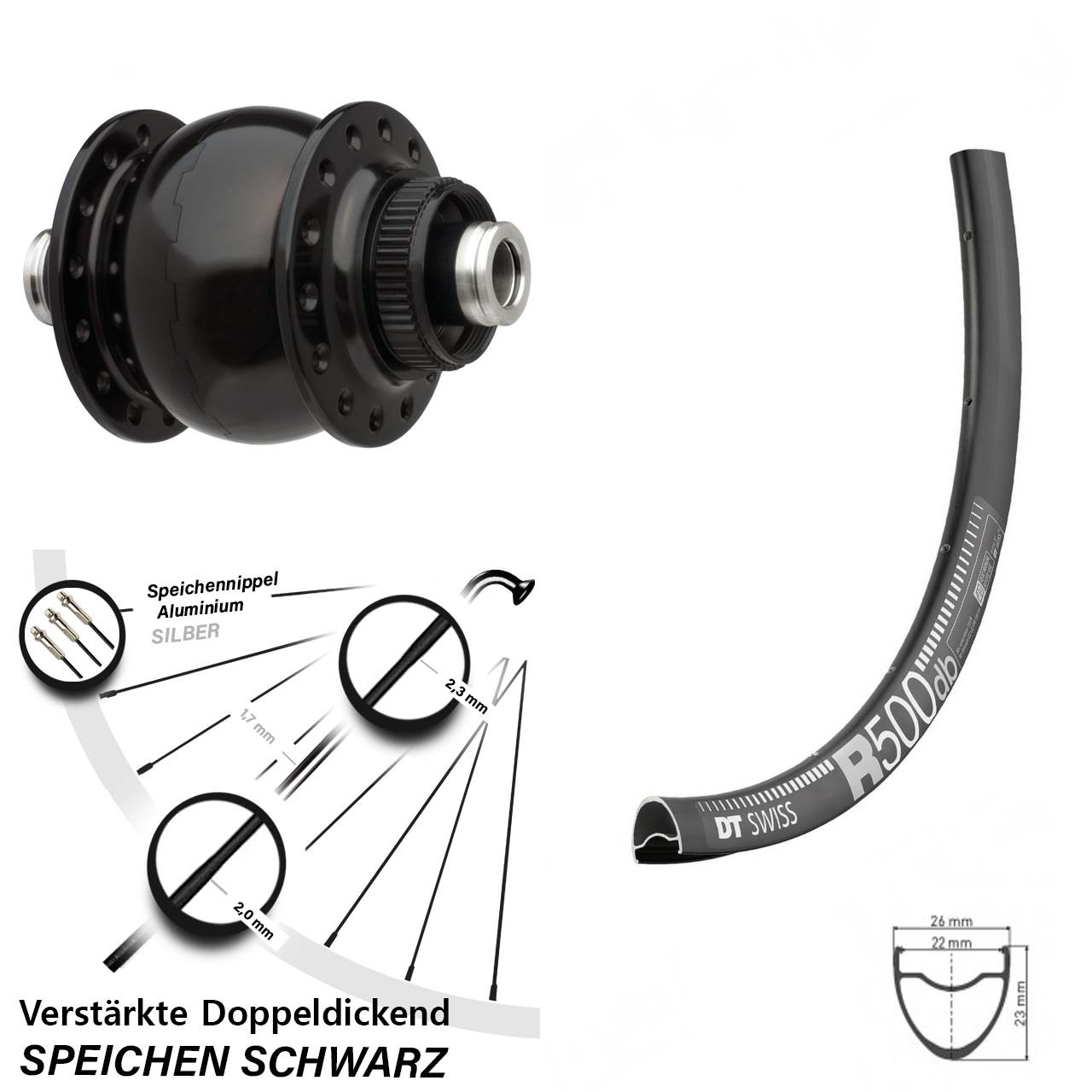 verstärktes Nabendynamolaufrad SON delux DT Swiss R 500 28-29 Zoll 12x100 mm