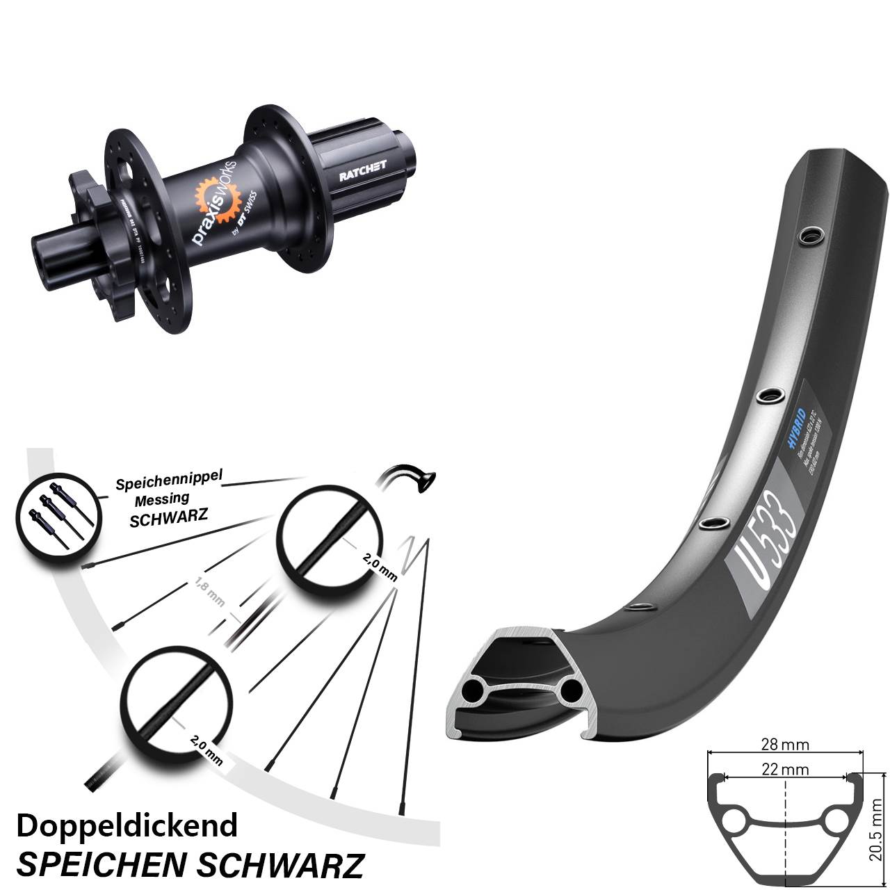 DT Swiss U533-350 26 Zoll Hinterrad 6-Loch 12x142 8-11 fach