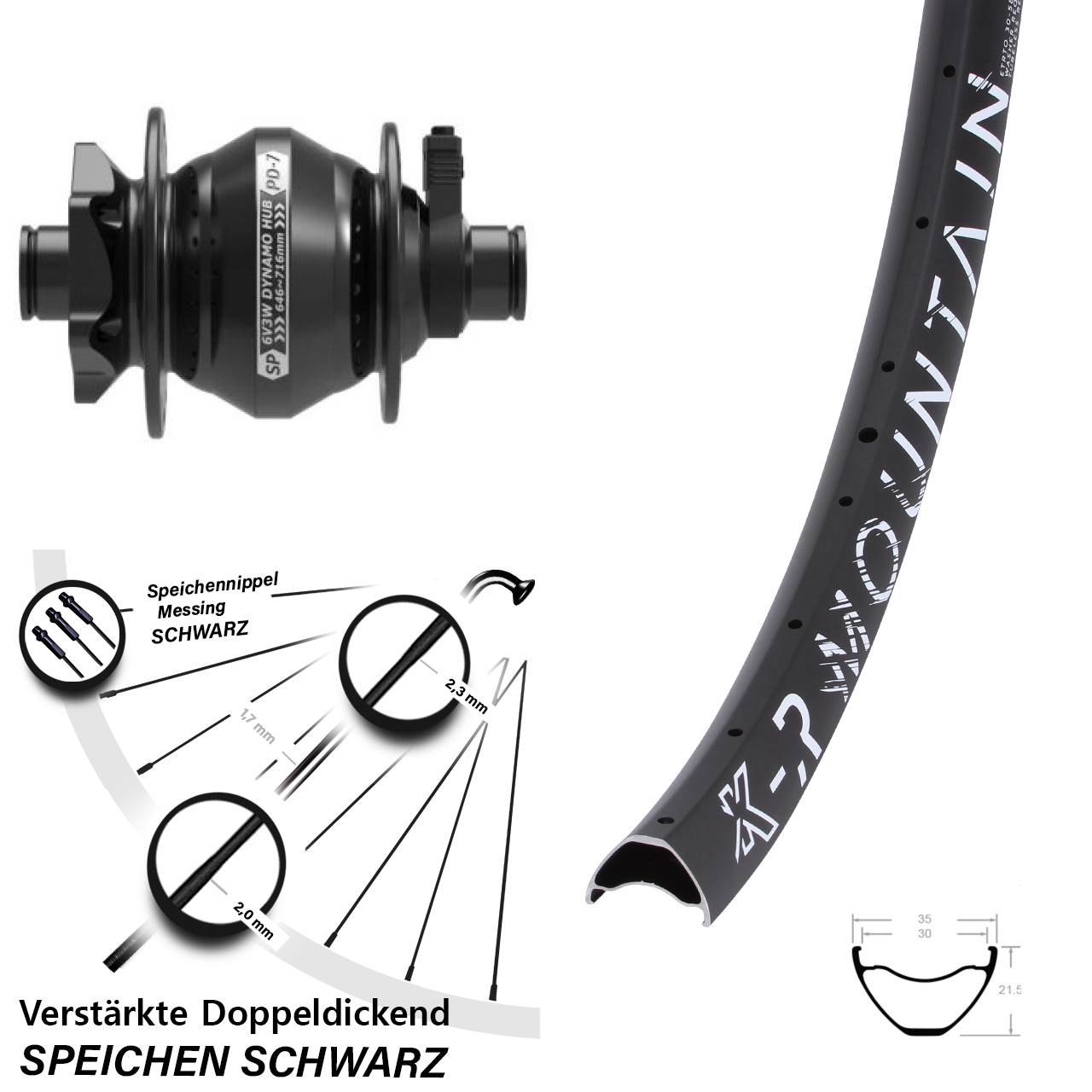 Disc Laufrad mit Nabendynamo 29 Zoll KX-R Mountain Shutter Precision PD-7 12x100