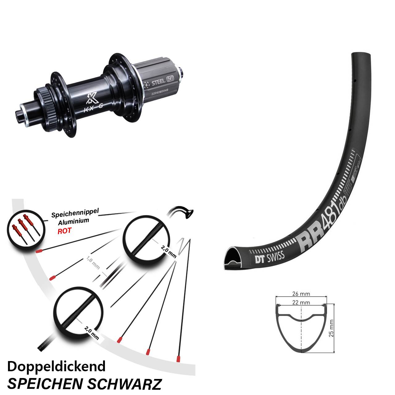 28 Zoll DT Swiss RR 481 Hinterrad KX-GS 8-12 fach
