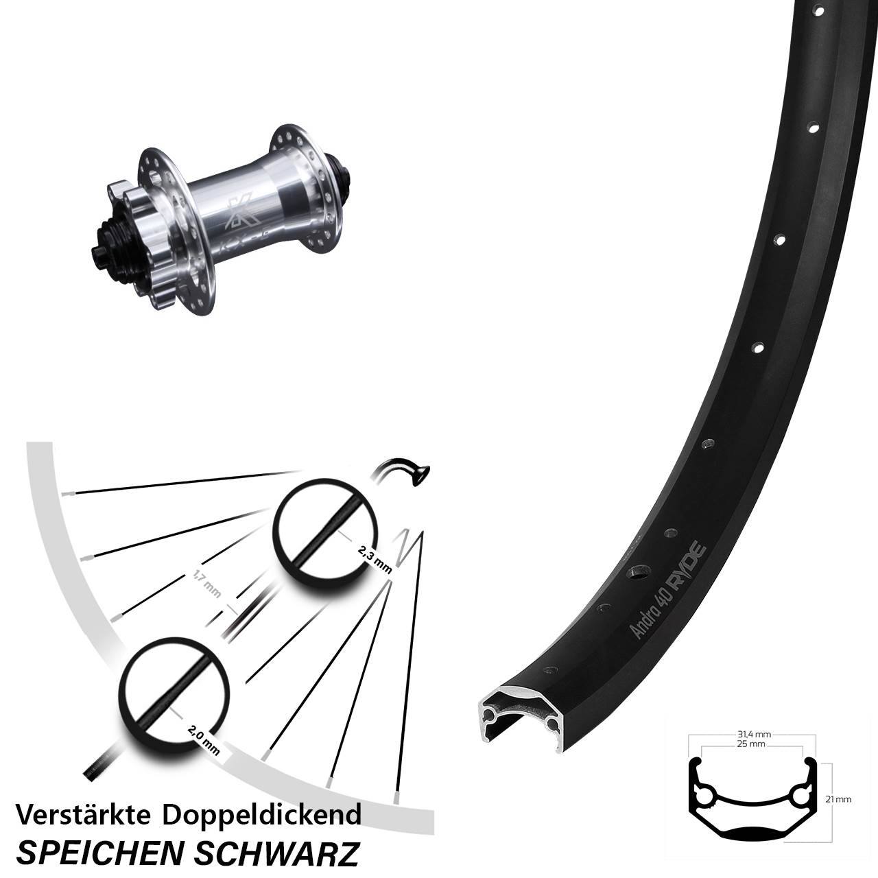 26 Zoll Vorderrad Ryde Andra 40 Disc mit KX-E Nabe silbern 5x100 mm 6-loch