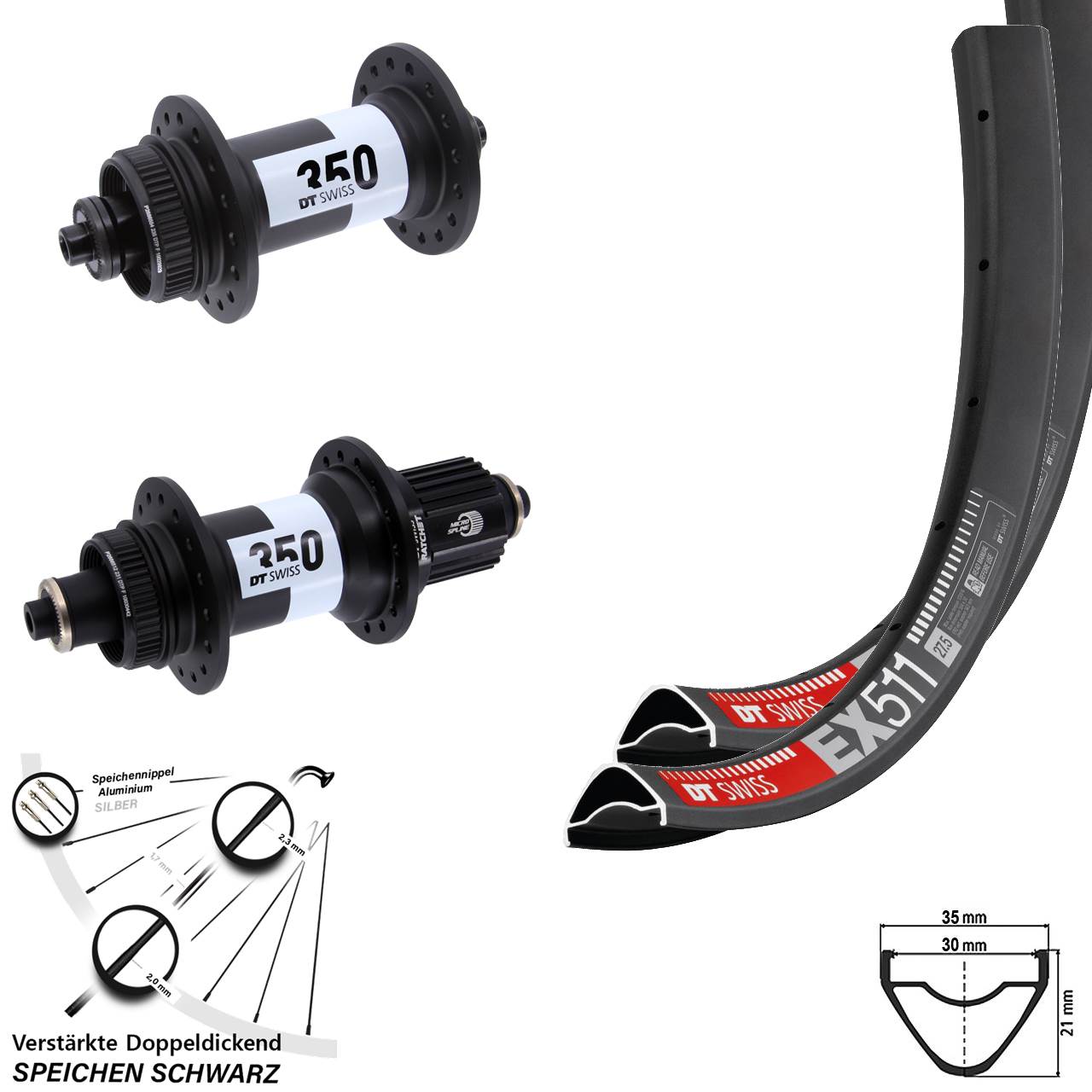 27,5 Zoll DT Swiss EX511 350 Disc Laufrad-Satz für Schnellspanner Shimano Micro Spline