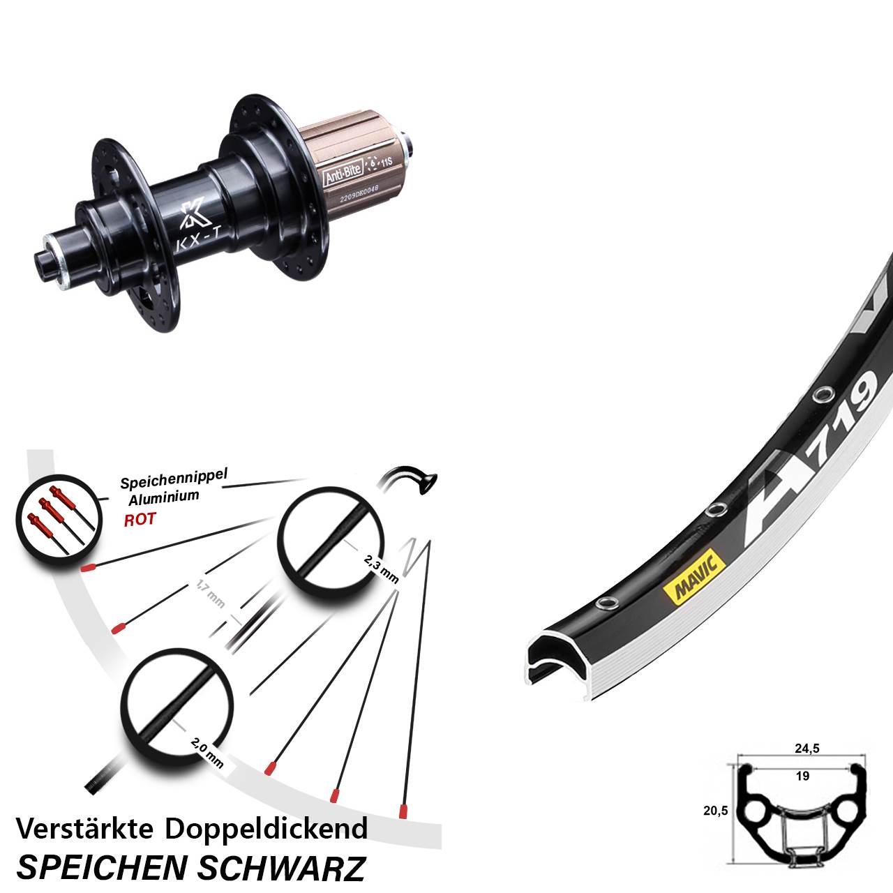 28 Zoll Laufrad Mavic A 719 KX-T 8-12 fach Felgenbremse 5/130 schwarz