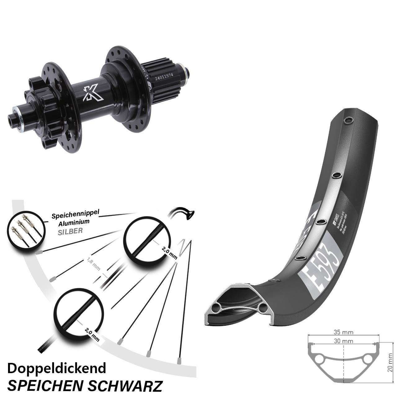 29 Zoll DT Swiss E593 KX-M Hinterrad 6-Loch QR Micro Spline