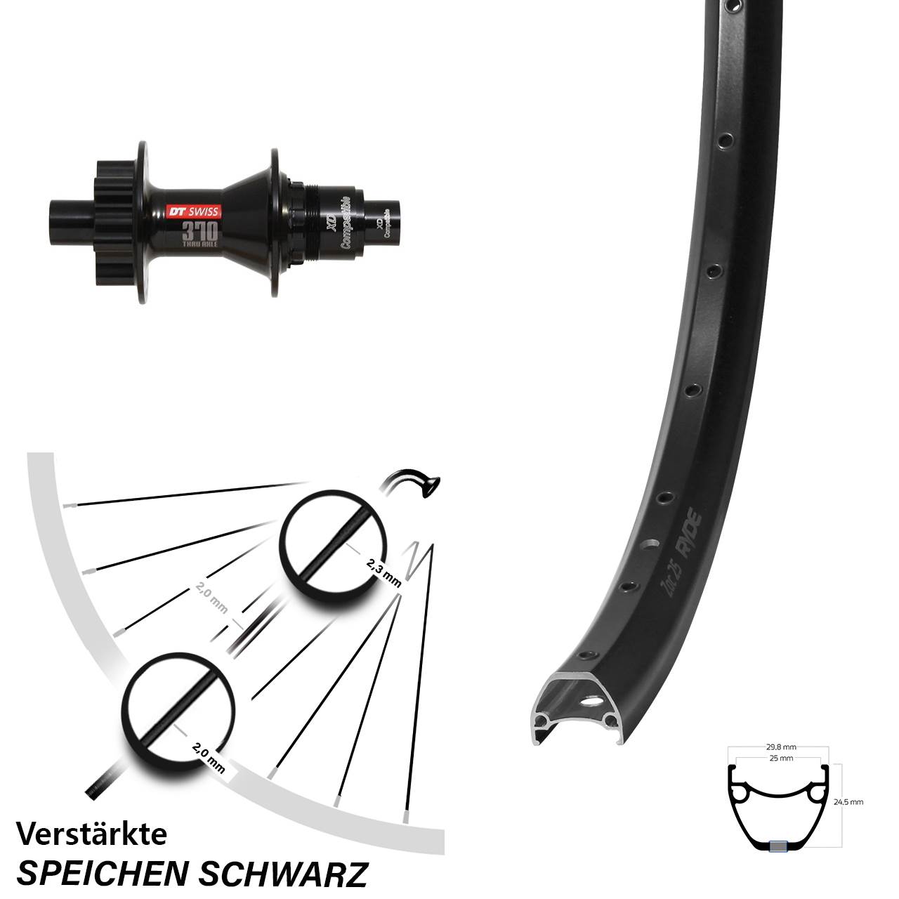 Hinterrad 6-Loch 29 Zoll Ryde ZAC 25 DT Swiss 370 XD 12x142