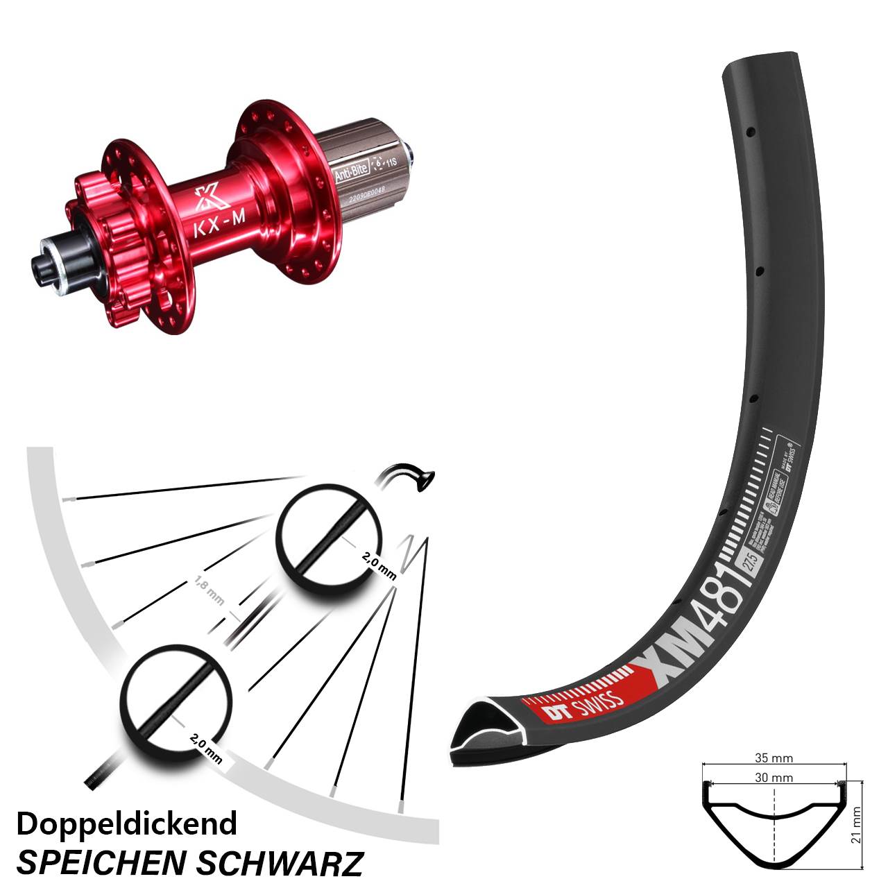 Disc Hinterrad 27,5 Zoll DT Swiss XM481 KX-M rot 8-12 fach HG QR