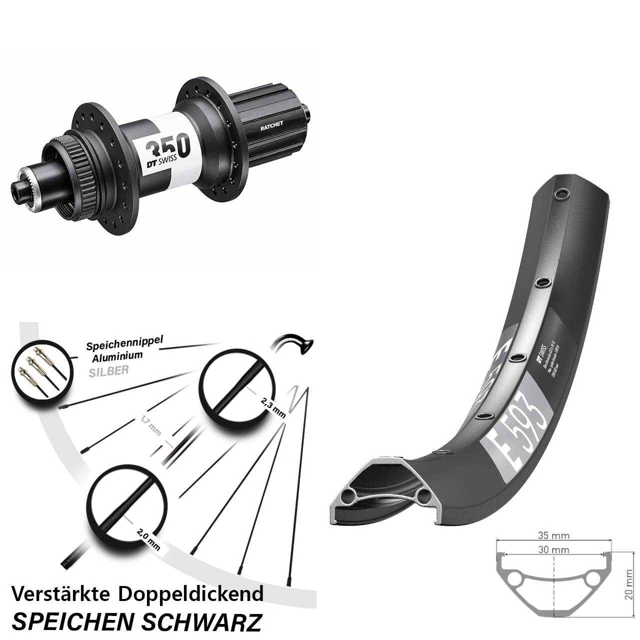 Centerlock Hinterrad 29 Zoll DT Swiss E 593 DT Swiss 350 Ratchet 36 8-11 fach QR