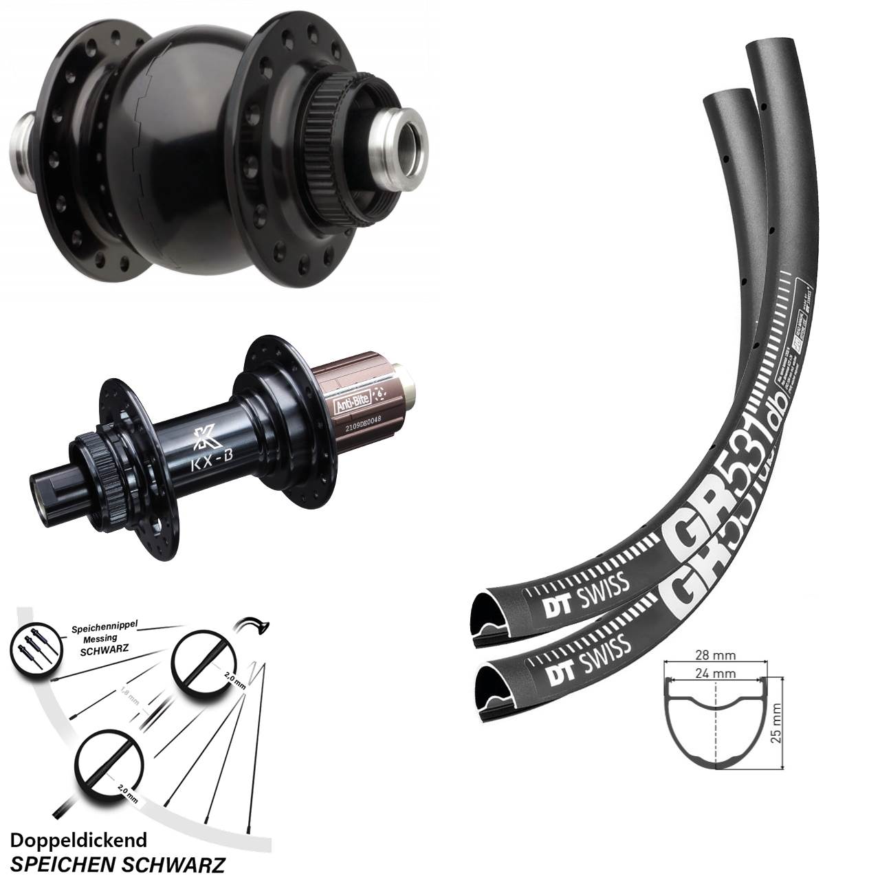 Laufradsatz Dynamo SON schwarz DT Swiss GR 531 Boost 12x110 KX-B Centerlock 28 Zoll