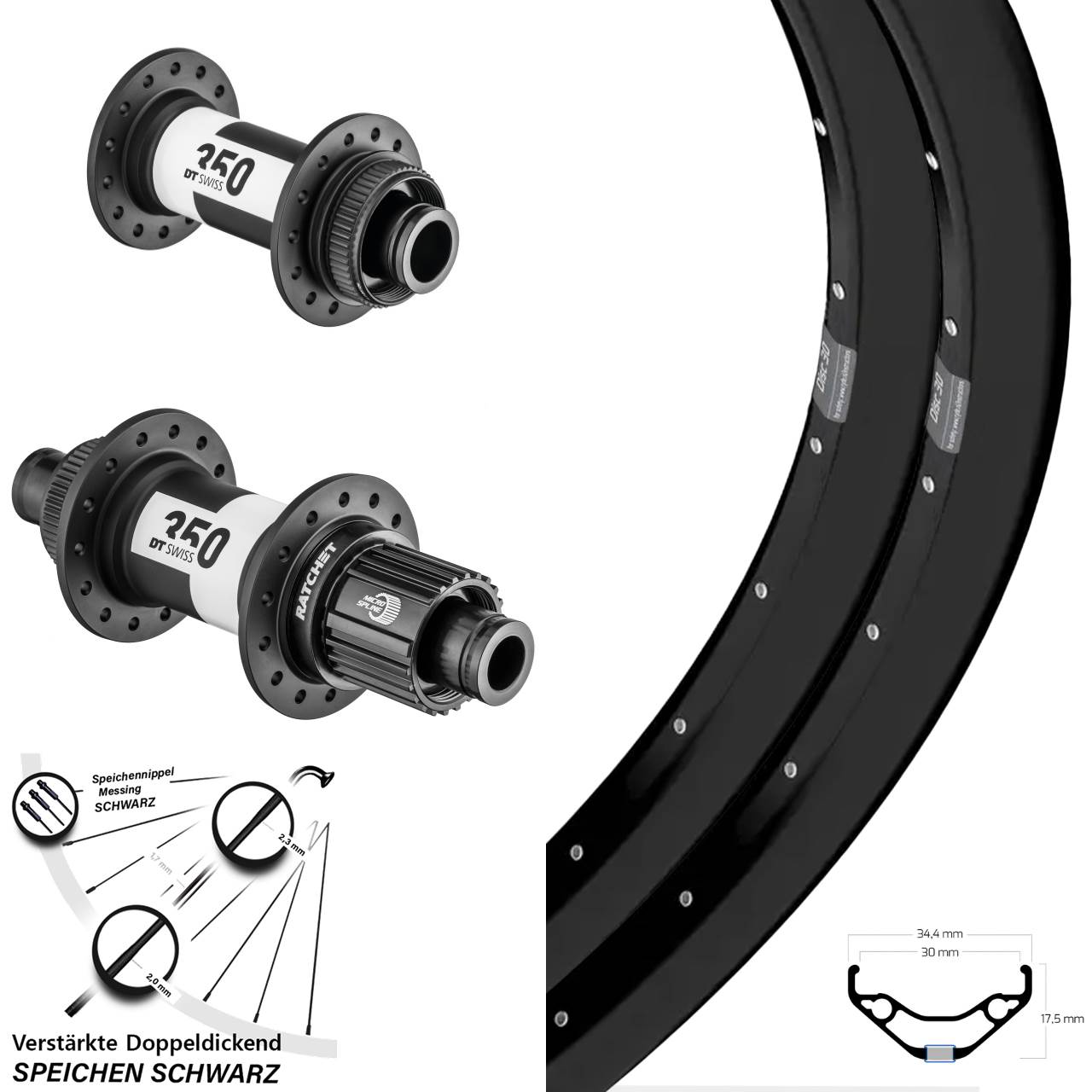 27,5 Zoll Ryde Disc 30 DT Swiss 350 Laufradsatz 15x100 12x142 Micro Spline