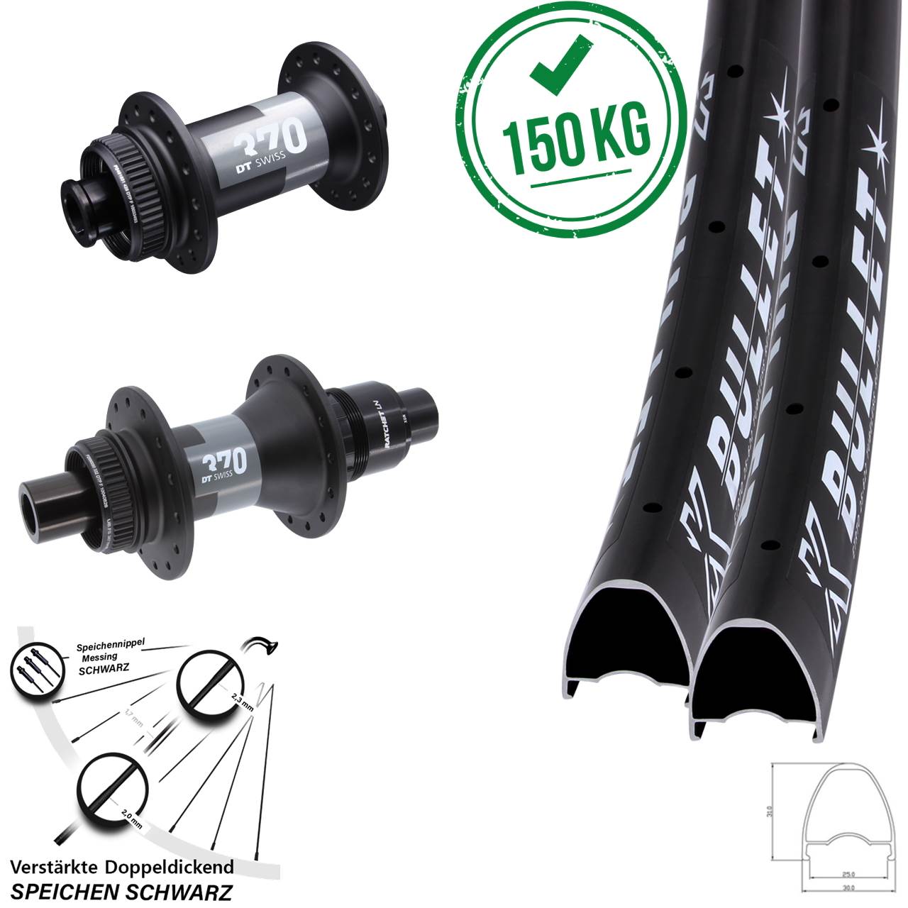 28-29 Zoll KX Bullet DT Swiss 370 Disc Laufradsatz 12x100/142 XDR 11-12 fach